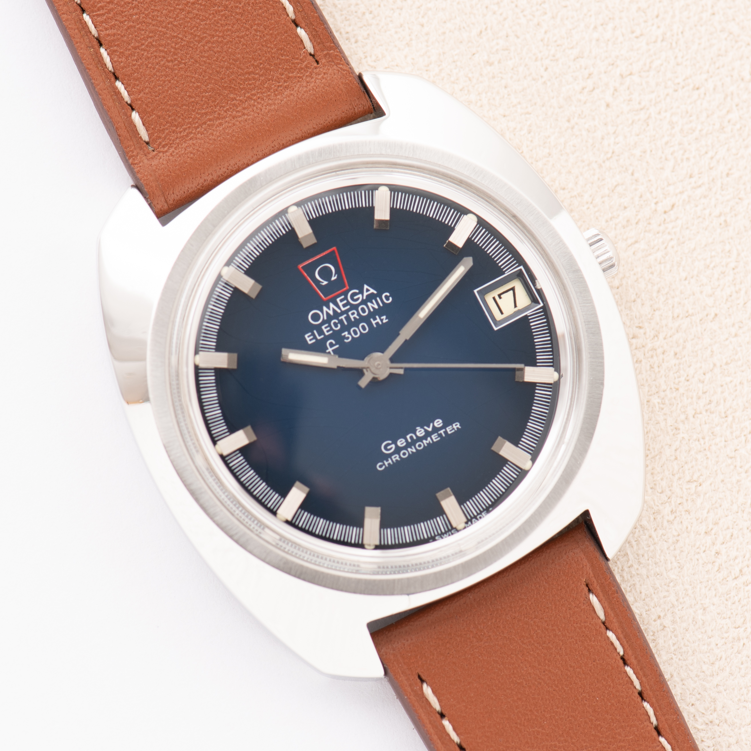 View of Omega Electronic F300 Hz Geneva Chronometer Blue Spider Dial Ref 198.030