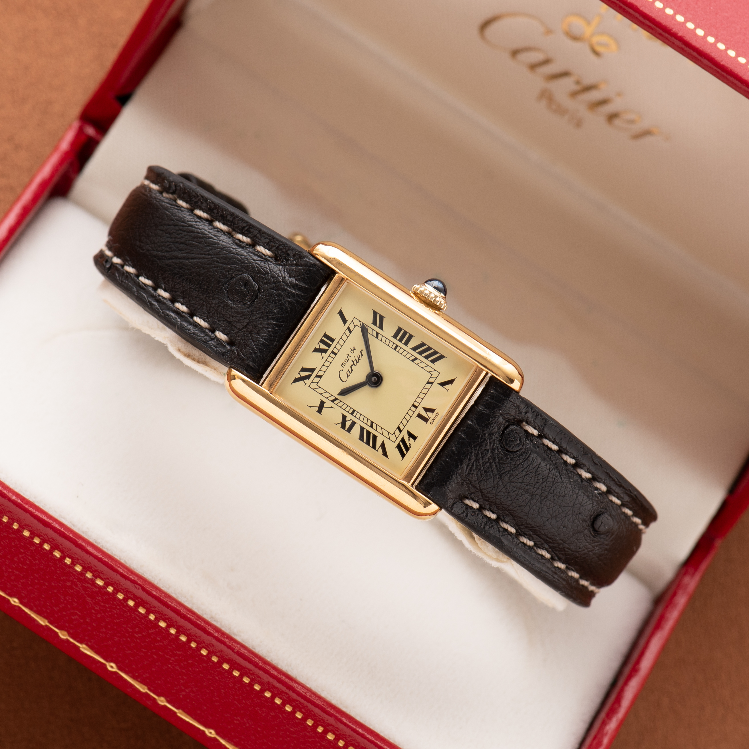 Zicht op Cartier Must by Tank Vermeil Roman Lemon Dial PM FULL SET van 1978