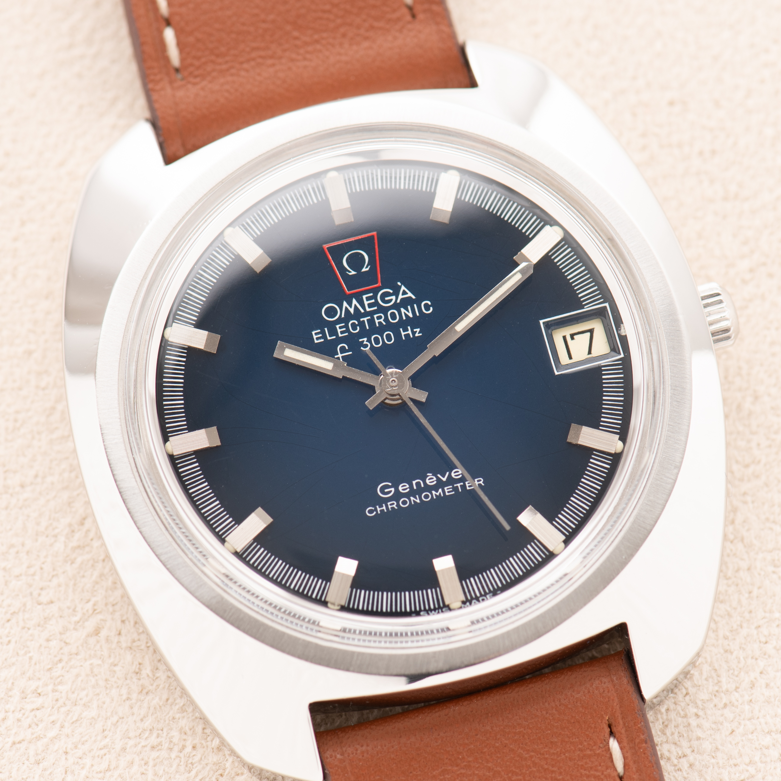 View of Omega Electronic F300 Hz Geneva Chronometer Blue Spider Dial Ref 198.030