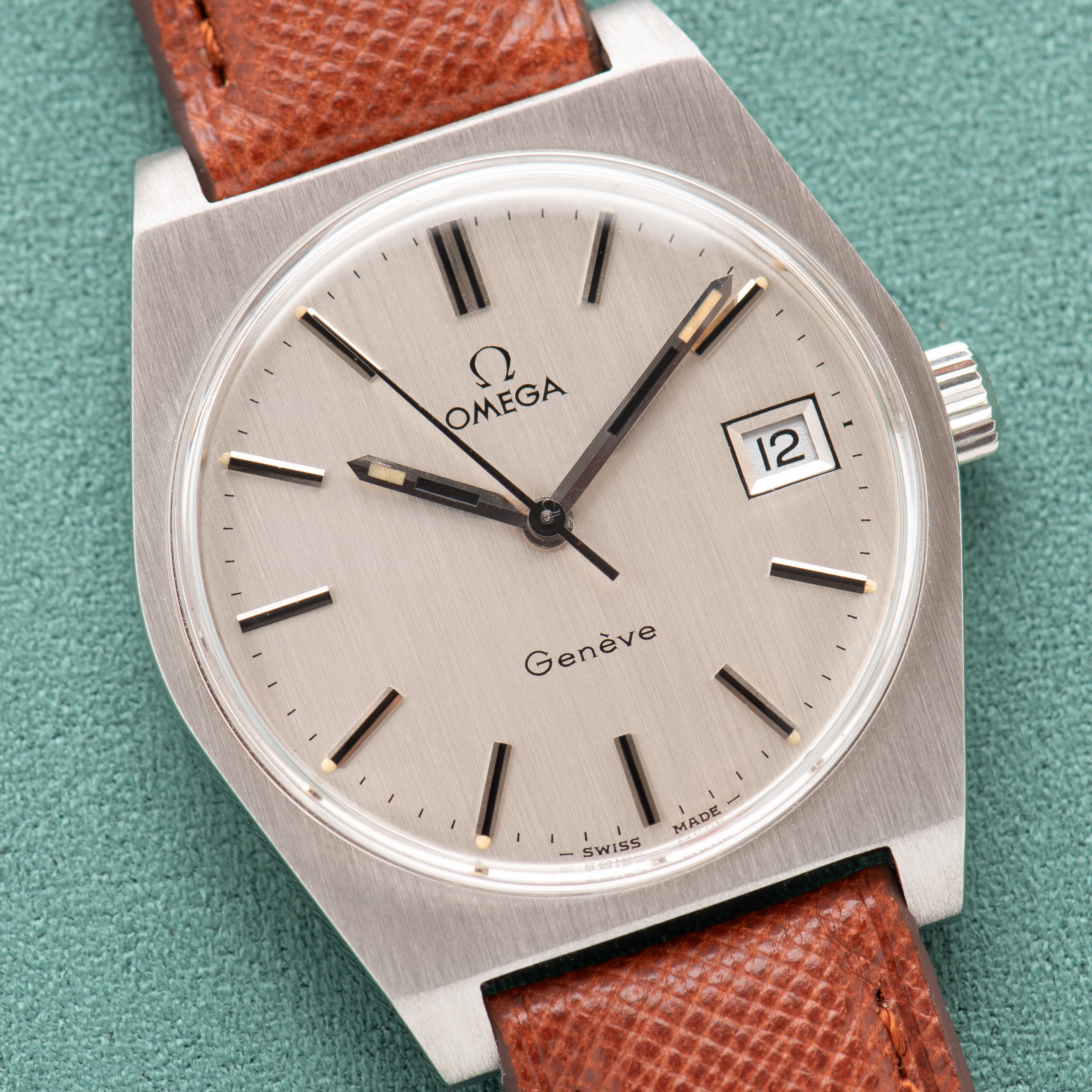 View of Omega Geneva Date Silver Dial Ref 136.0049 from 1969
