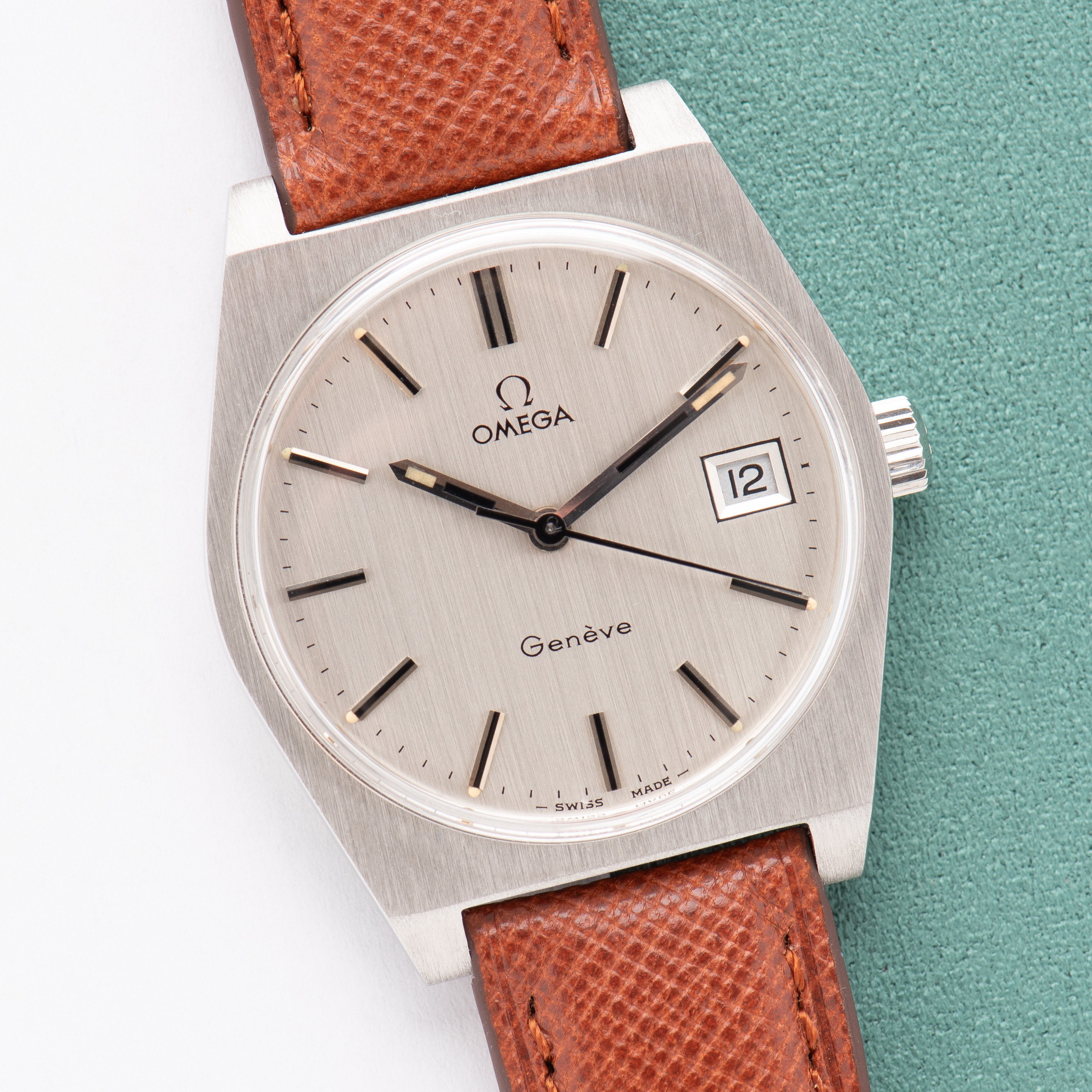 View of Omega Geneva Date Silver Dial Ref 136.0049 from 1969
