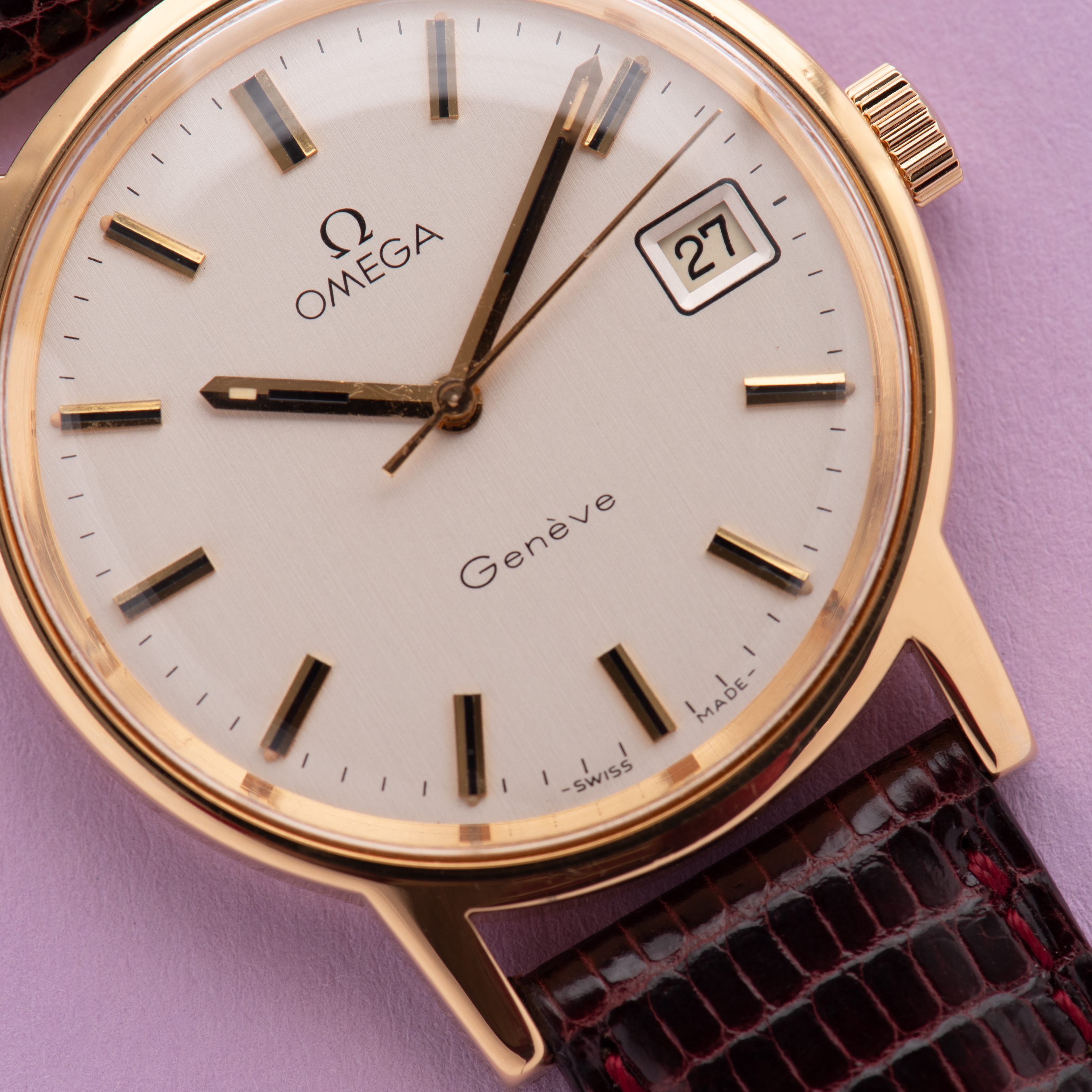 View of Omega Geneva Date Silver linen dial ref 136.0104 from 1974