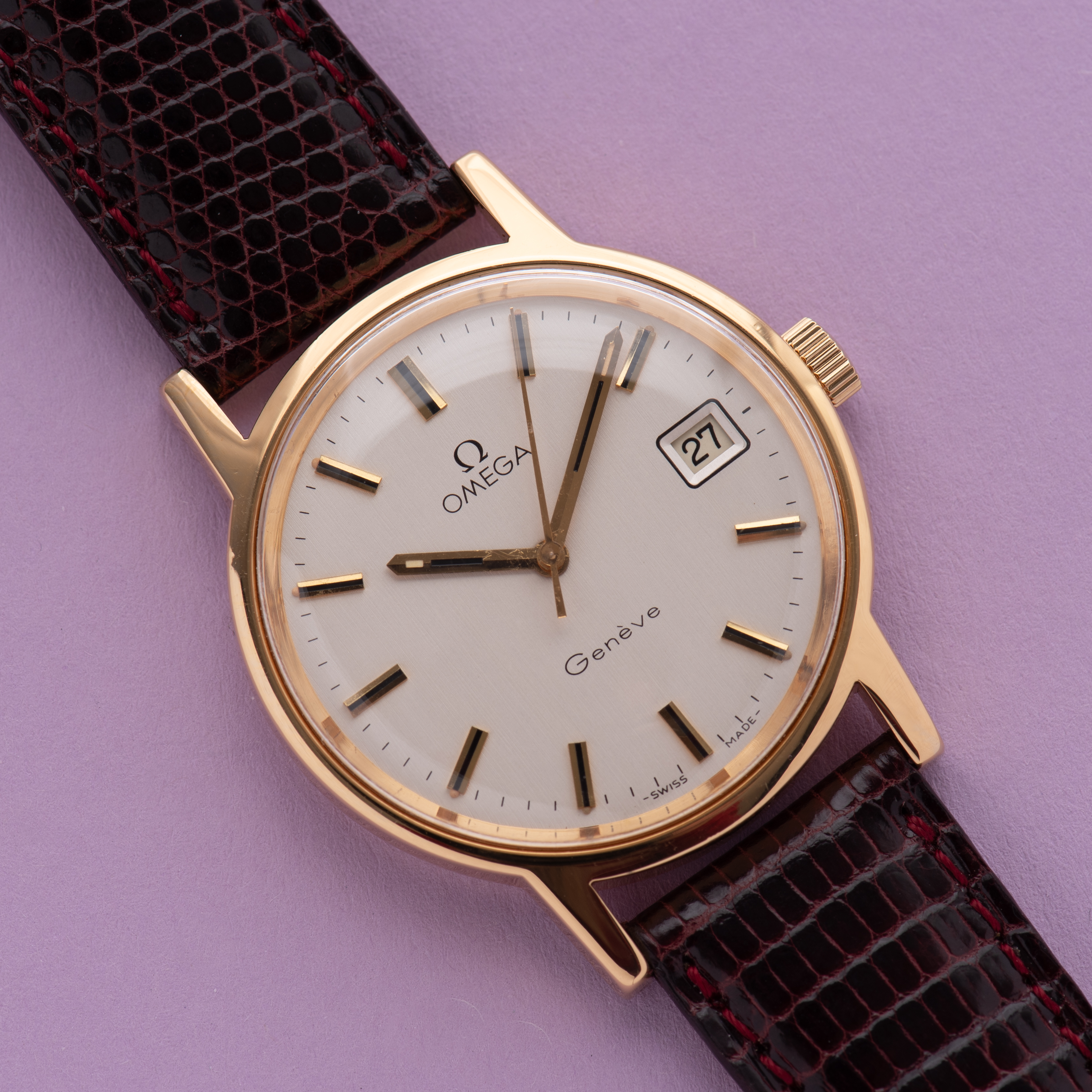 View of Omega Geneva Date Silver linen dial ref 136.0104 from 1974