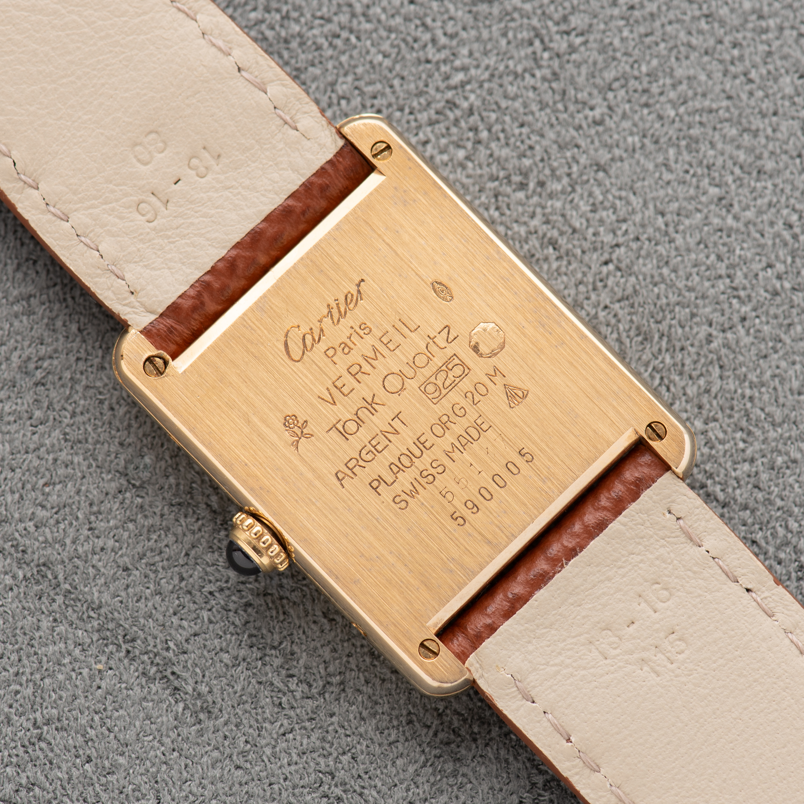View of Cartier Tank De Must Vermeil GM Trinity dial from 1980-90