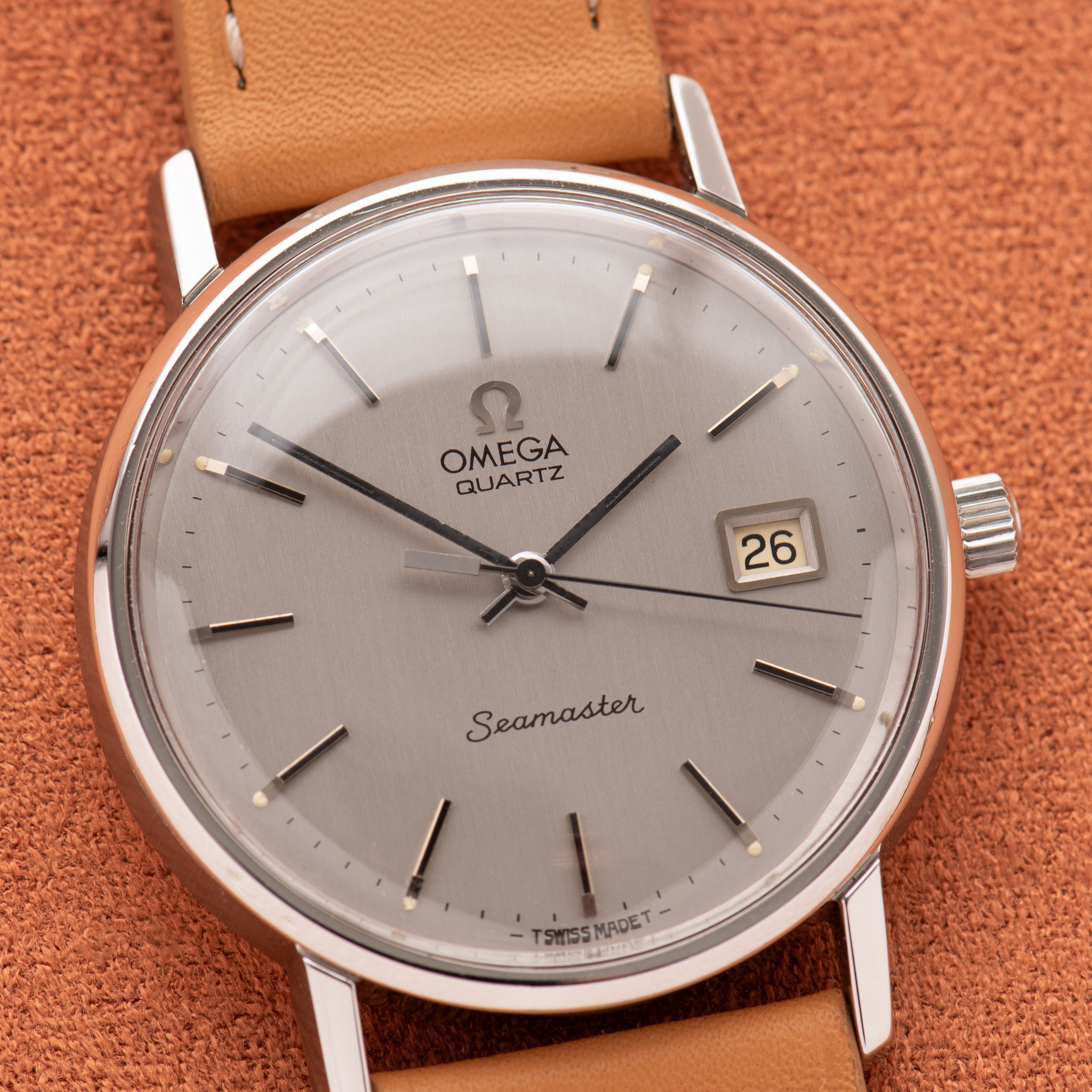 View of Omega Quartz Seamaster Date Silver Dial ref 196.0079 cal 1342 from 1977