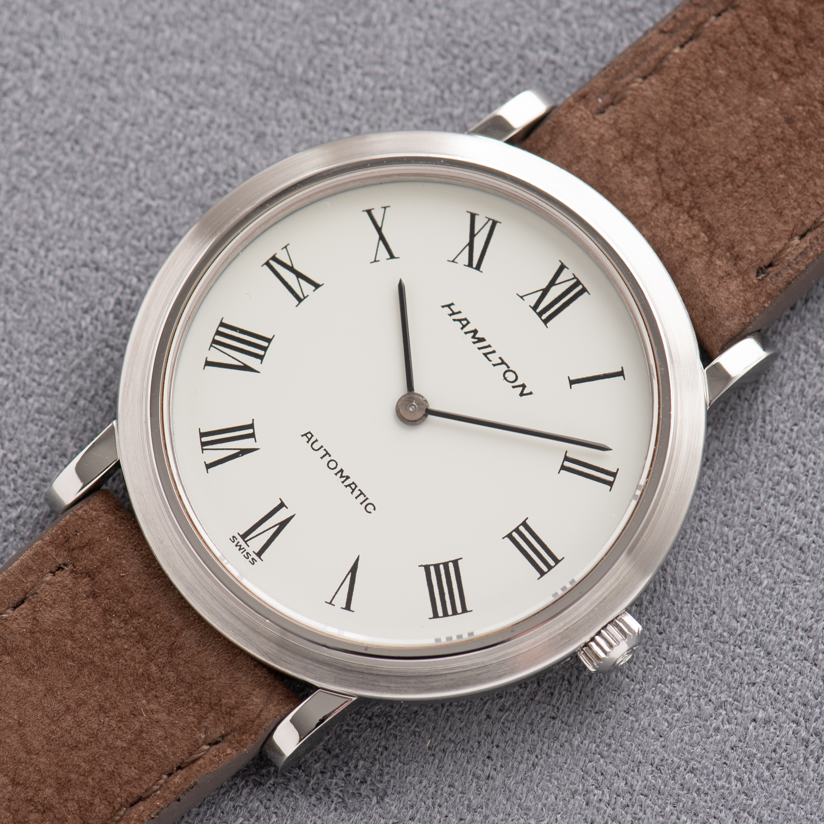 View of Hamilton PROTOTYPE Omega Automatic White Roman Dial Extraplate Cal 831