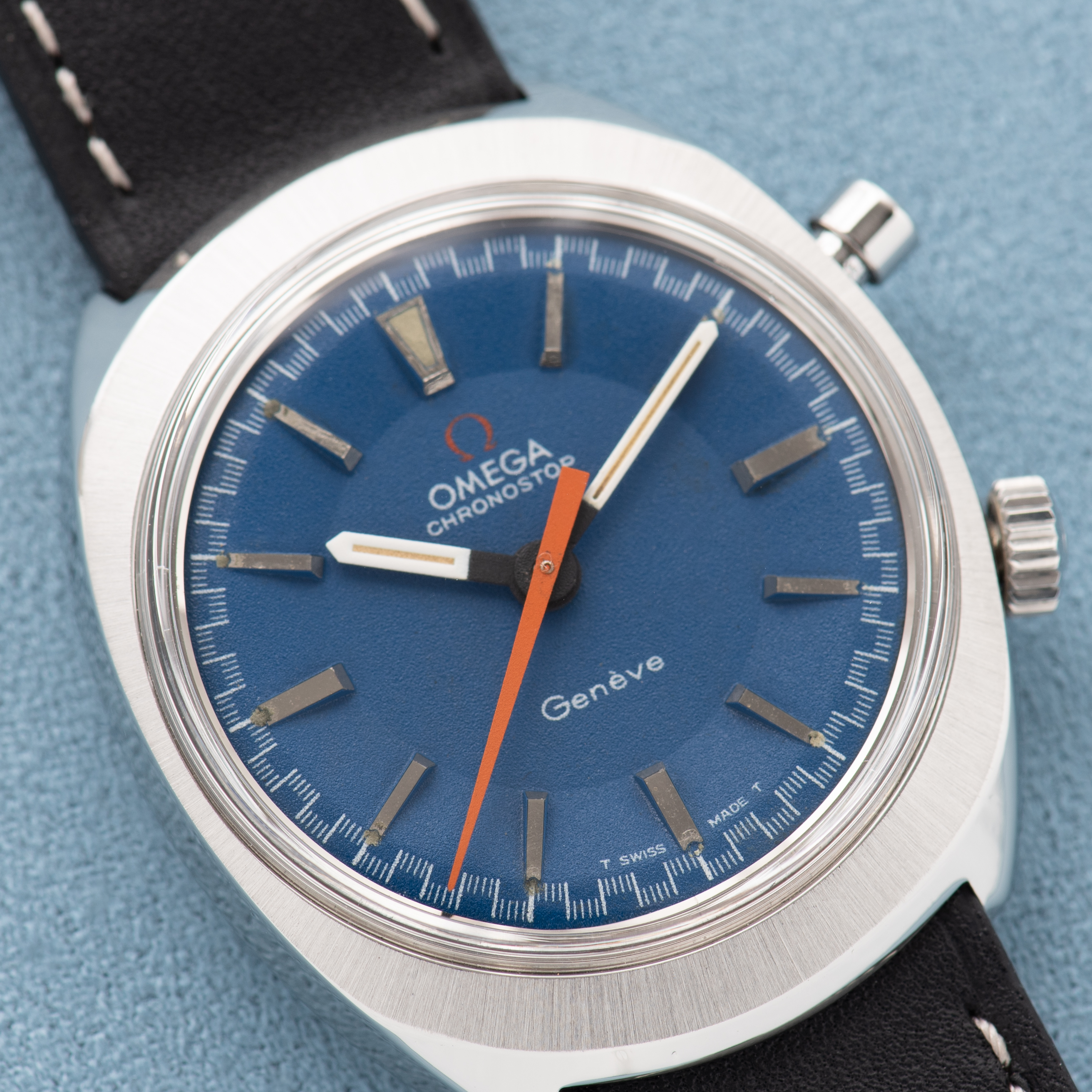 View of Omega Geneva Chronostop Blue Dial Ref 145.009 from 1968 Cal 865