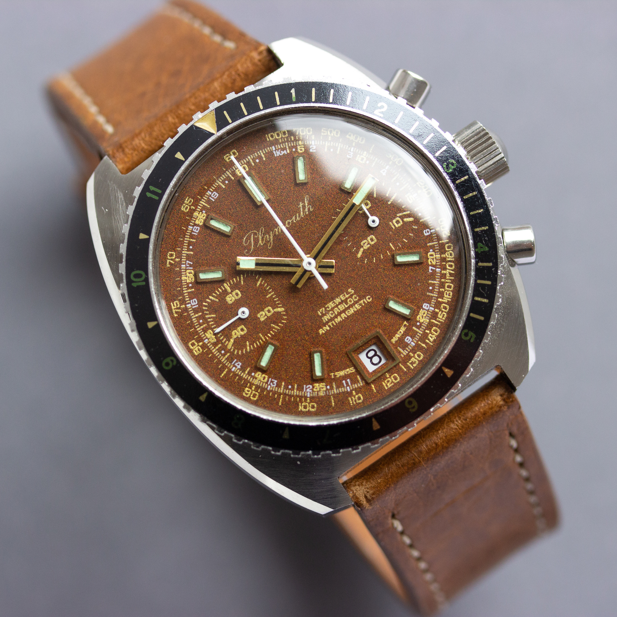 View of Plymouth Chronograph New Old Stock valjoux 7734