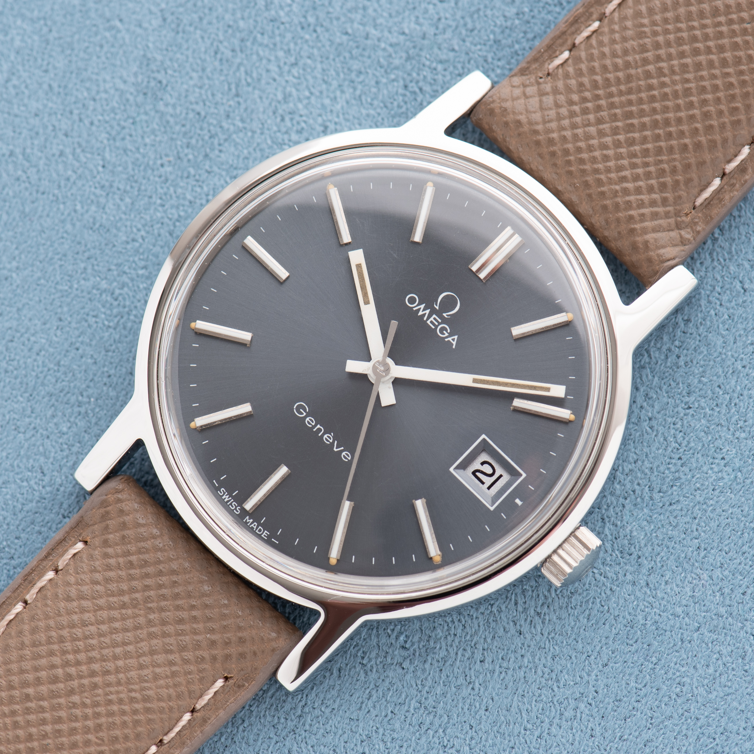 View of Omega Geneva Date Blue/Grey dial Ref 136.0099 from 1972