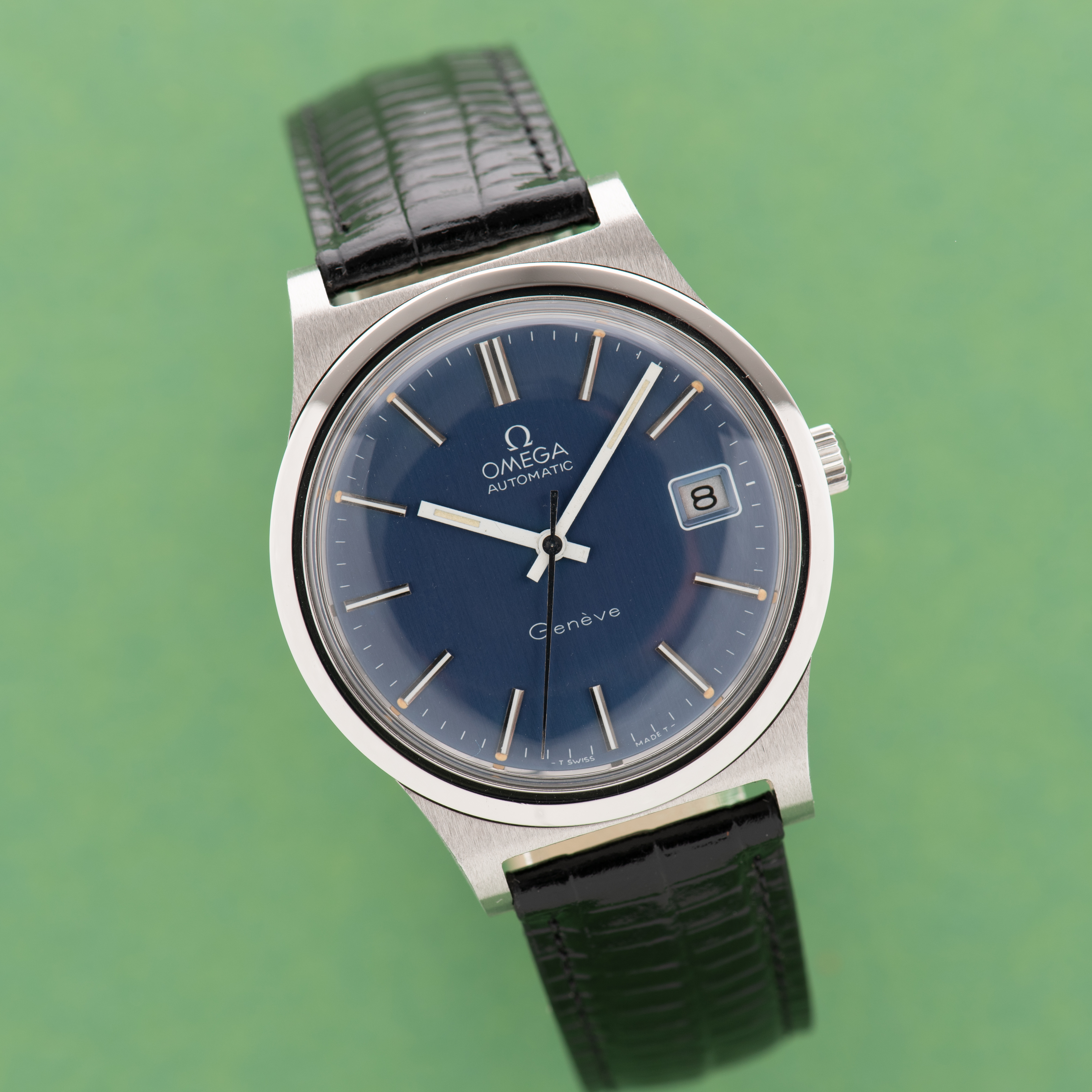 View of Omega Genève Automatic Date Blue Dial Réf 166.0168 from 1973