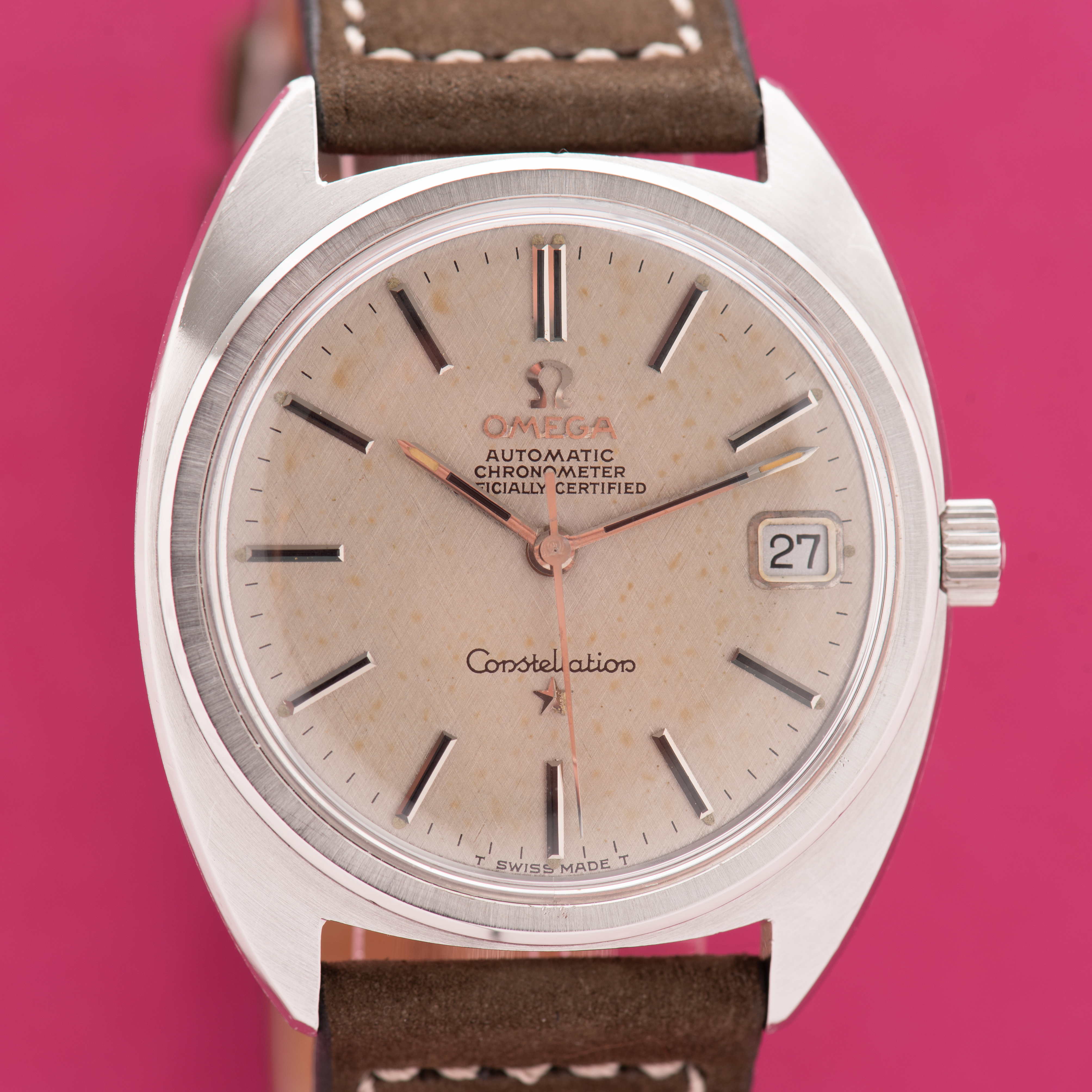 Zicht op Omega Automatische Chronometer Constellatie "Linnen wijzerplaat" Ref 168.017 vanaf 1968