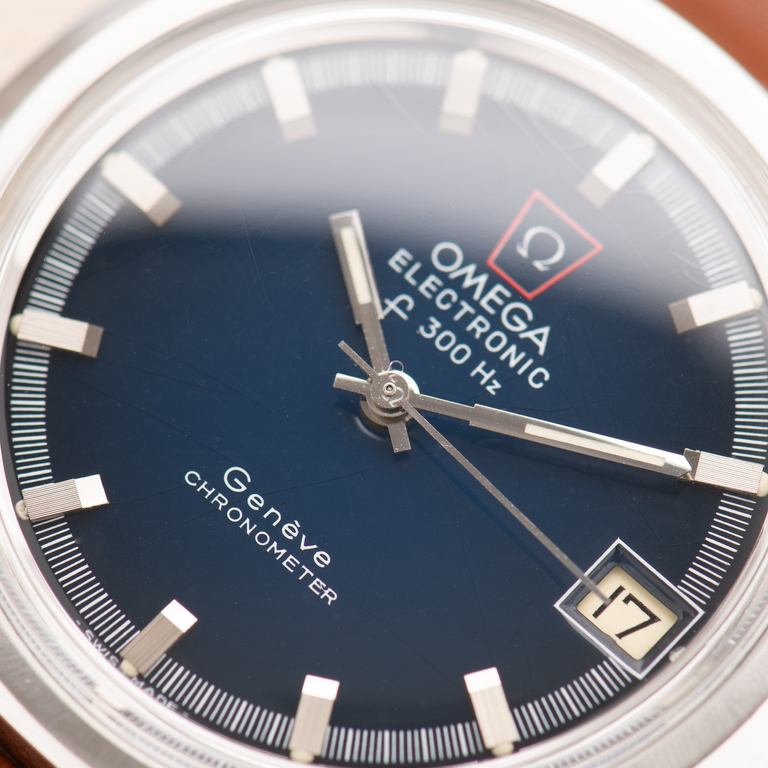 View of Omega Electronic F300 Hz Geneva Chronometer Blue Spider Dial Ref 198.030