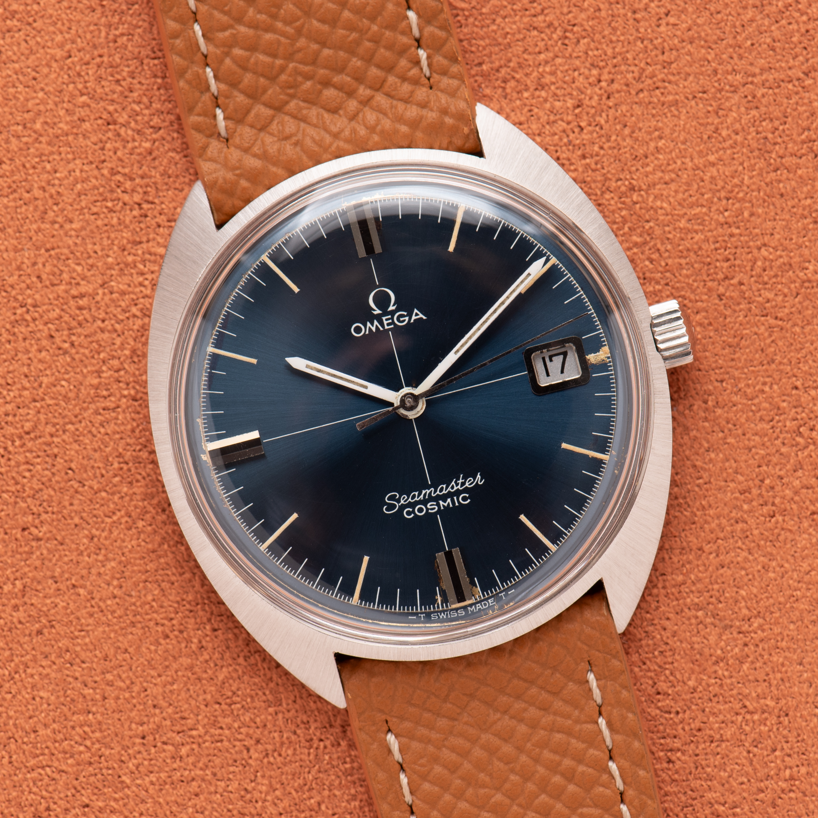 View of Omega Seamaster Cosmic Blue Crosshair Dial Date Ref 136.017SP from 1969