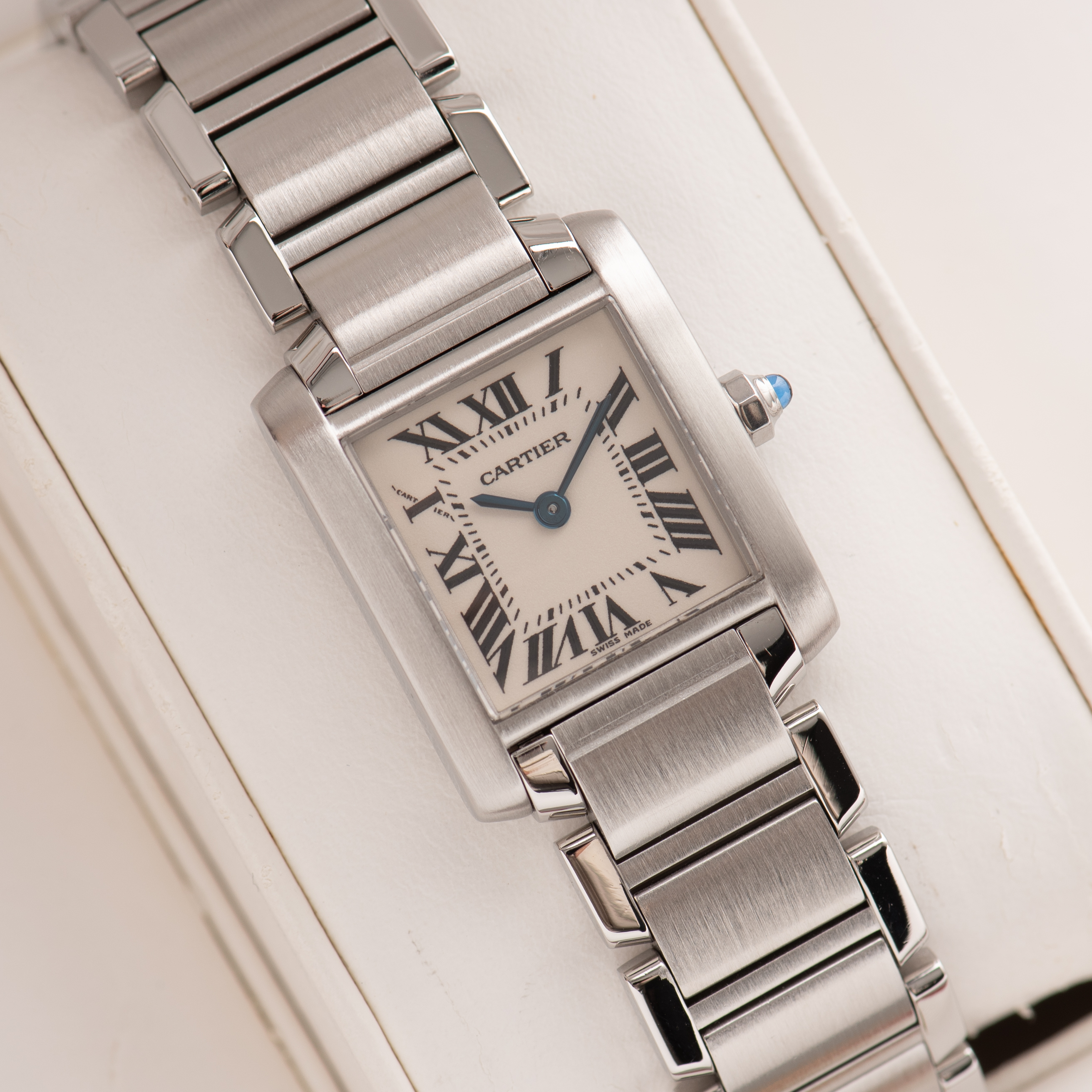 View of Cartier Tank Française SM Roman Dial Réf 2384 Full Set from 2000