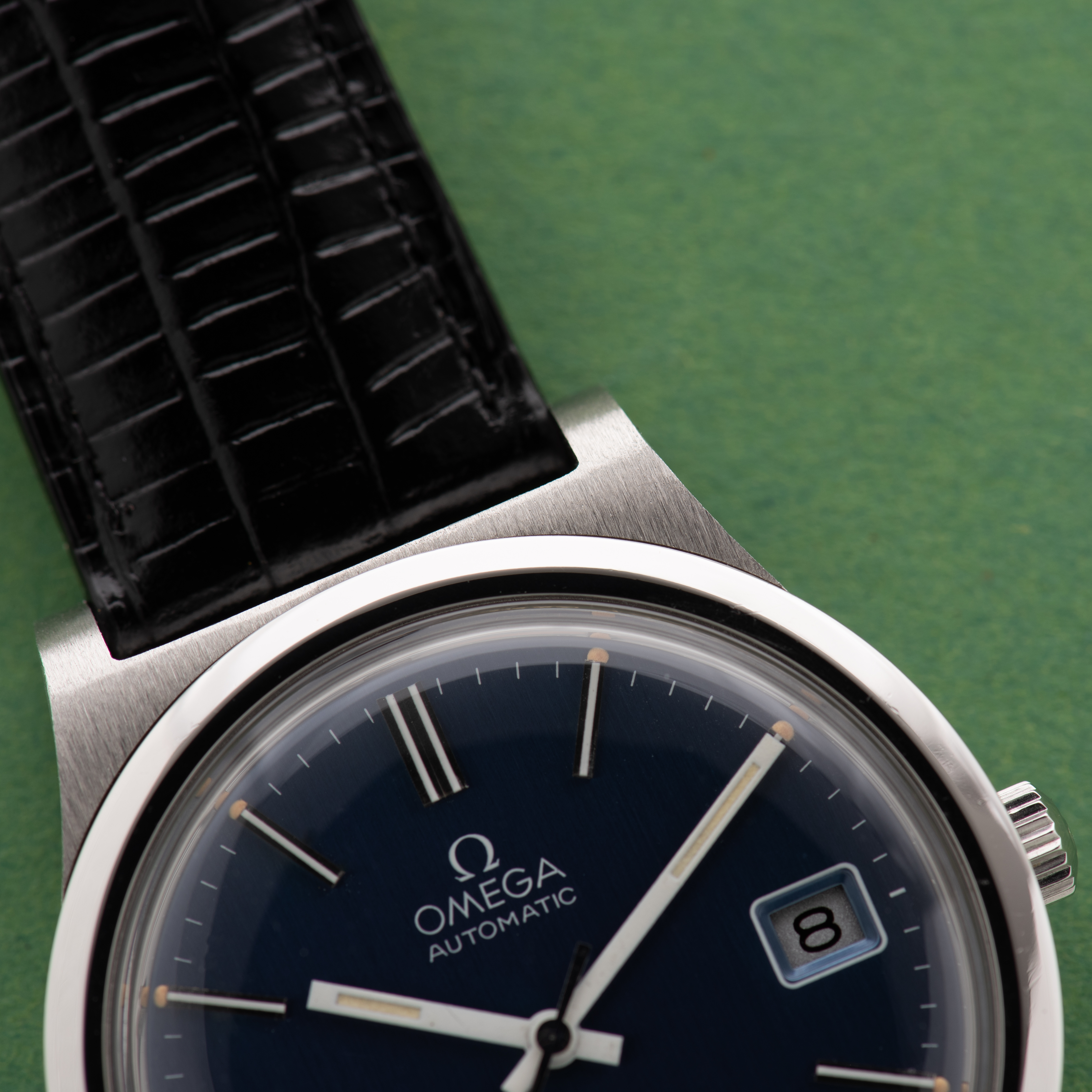 View of Omega Genève Automatic Date Blue Dial Réf 166.0168 from 1973