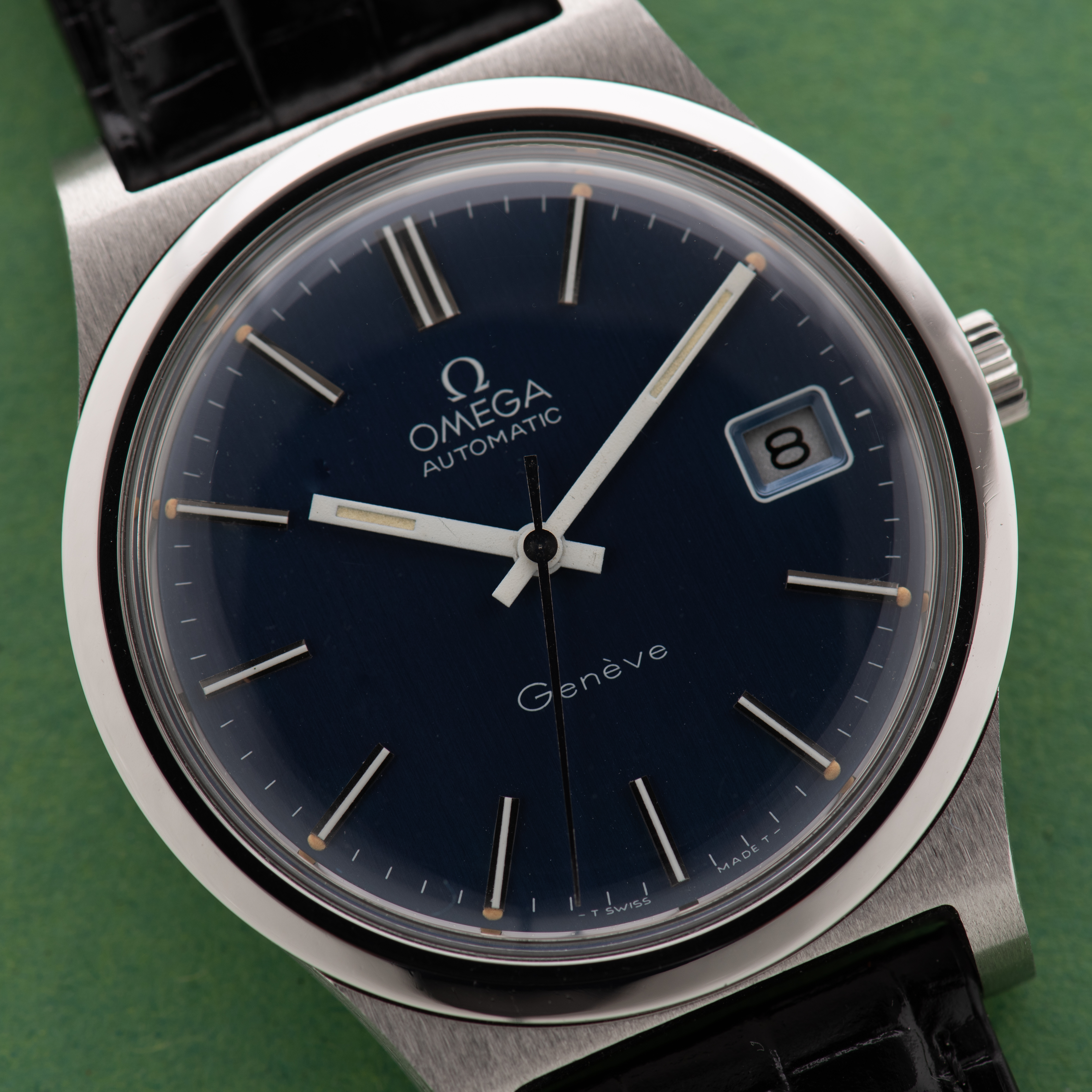 View of Omega Genève Automatic Date Blue Dial Réf 166.0168 from 1973