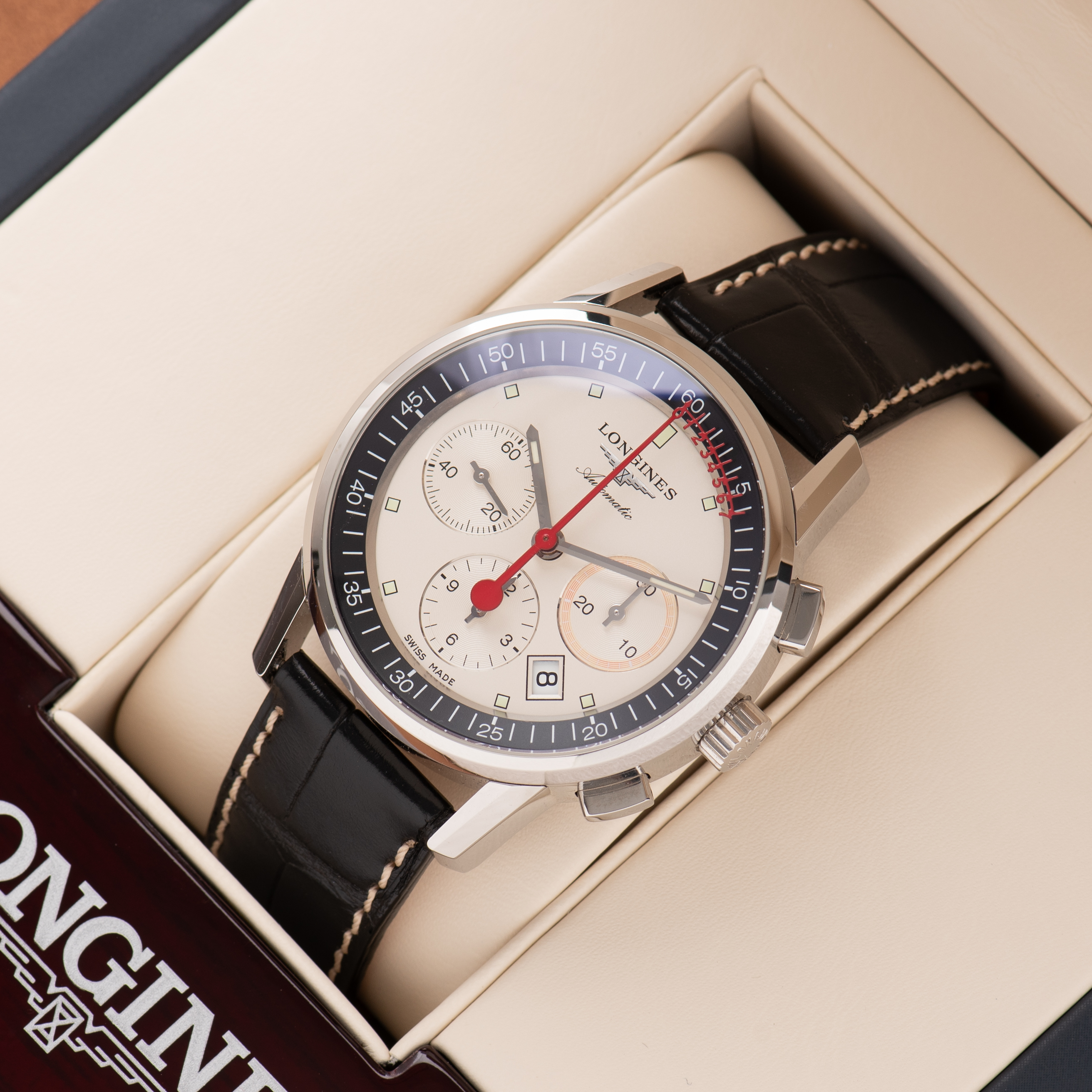 Zicht op Longines Heritage Chronograph Column Wheel Ref L.4.754.4 Volledige Set uit 2024