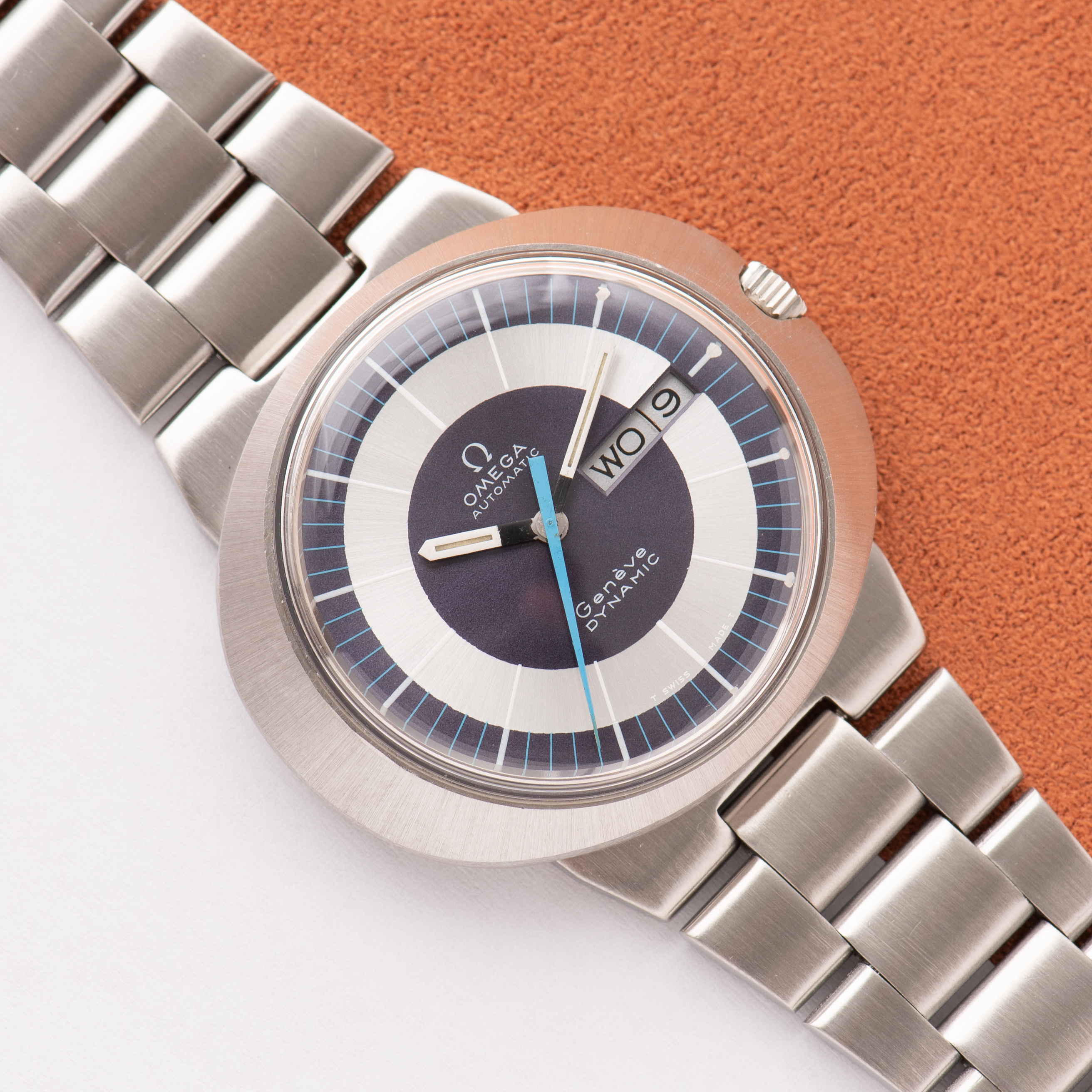 View of Omega Geneva Dynamic Automatic Day-Date Blue Dial from 1969 Ref 166.079