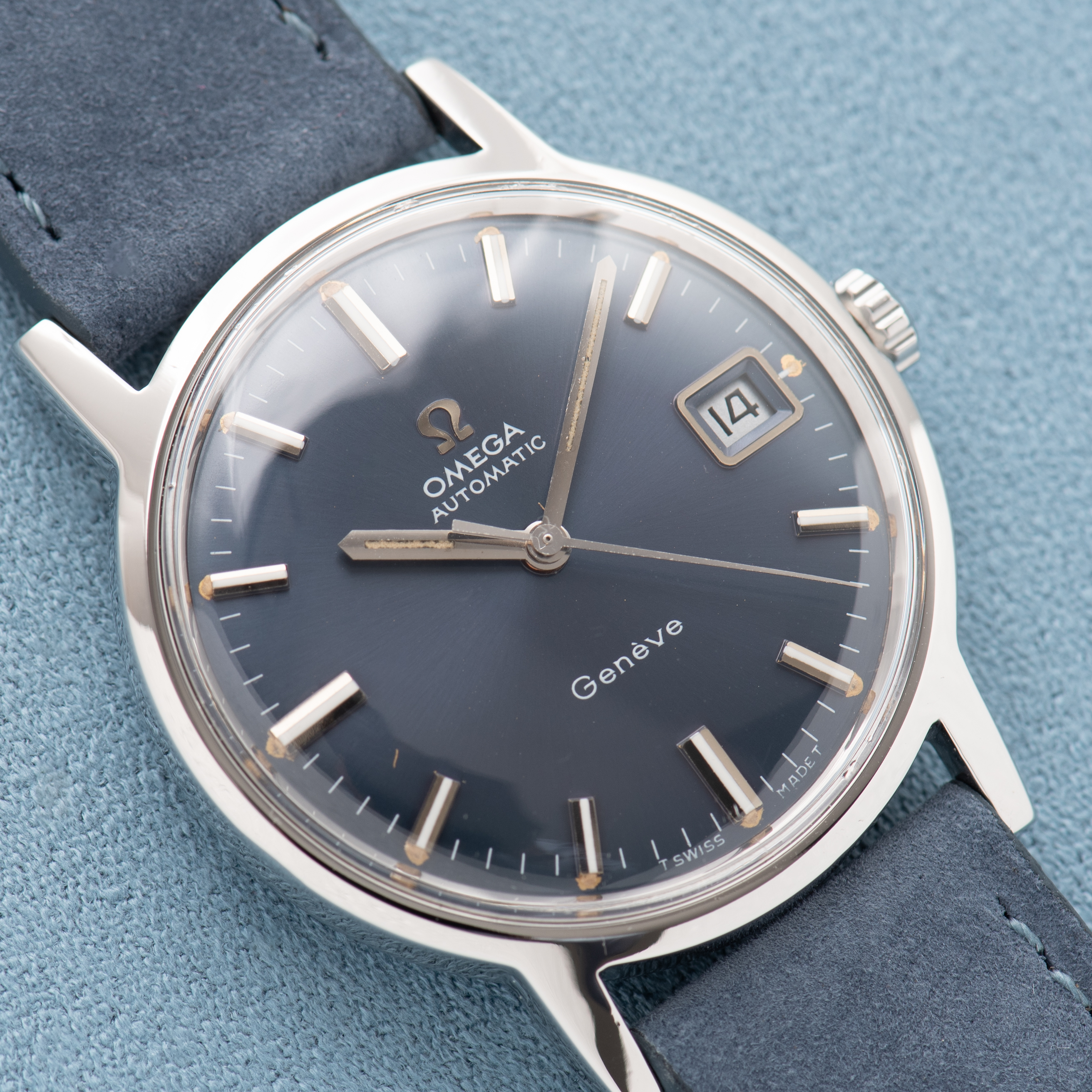 View of Omega Automatic Geneva Date Blue Dial Ref 166.070 from 1969