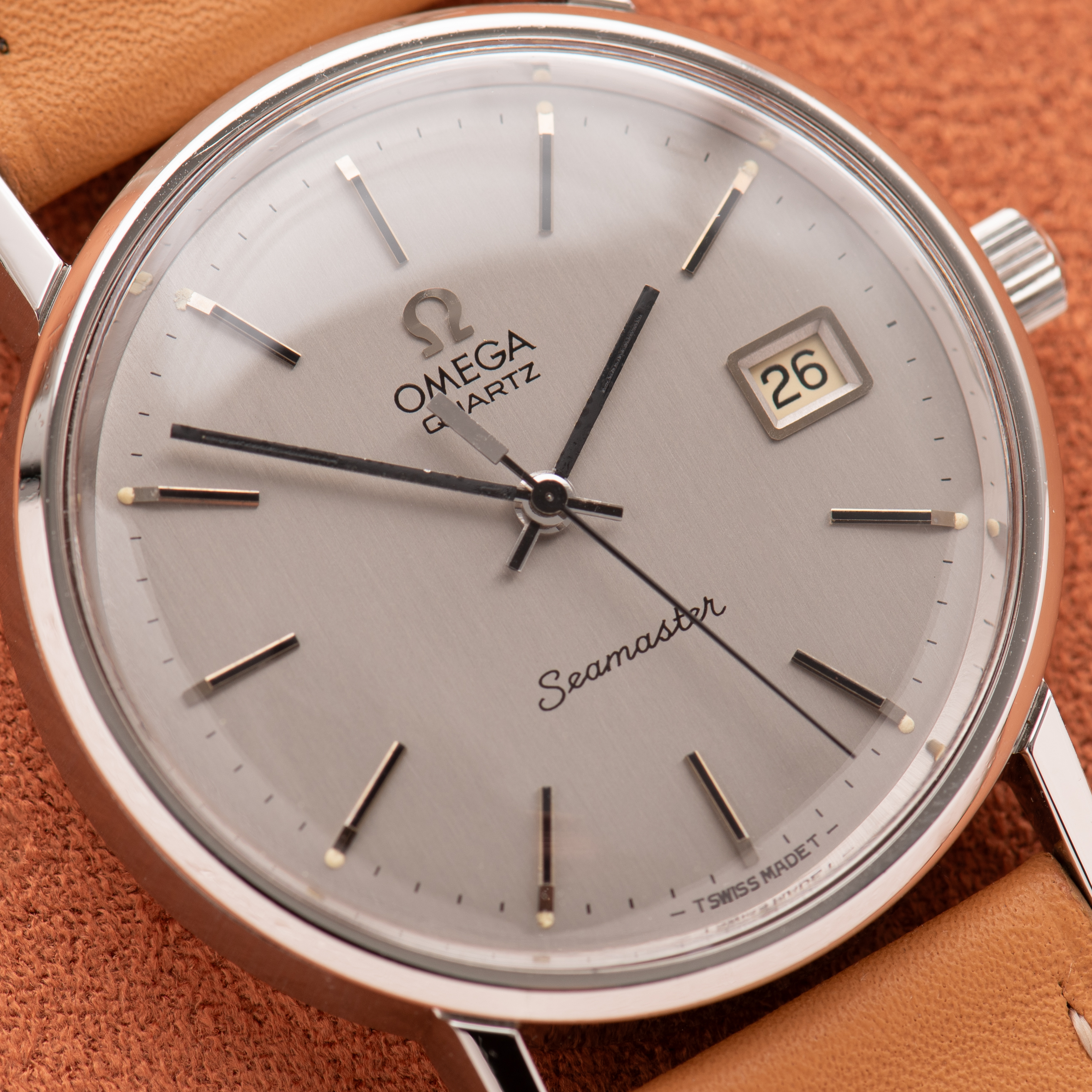 View of Omega Quartz Seamaster Date Silver Dial ref 196.0079 cal 1342 from 1977