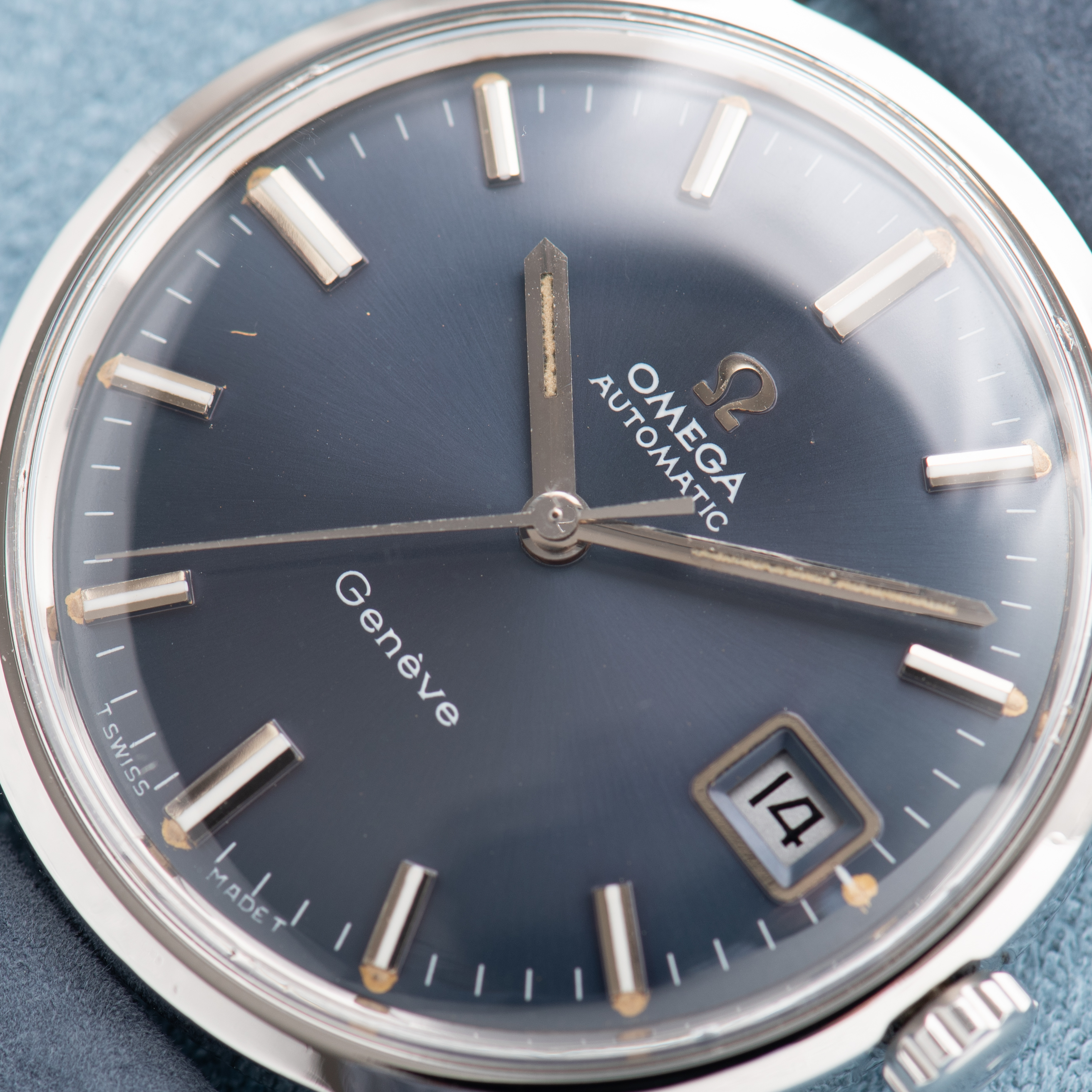 View of Omega Automatic Geneva Date Blue Dial Ref 166.070 from 1969