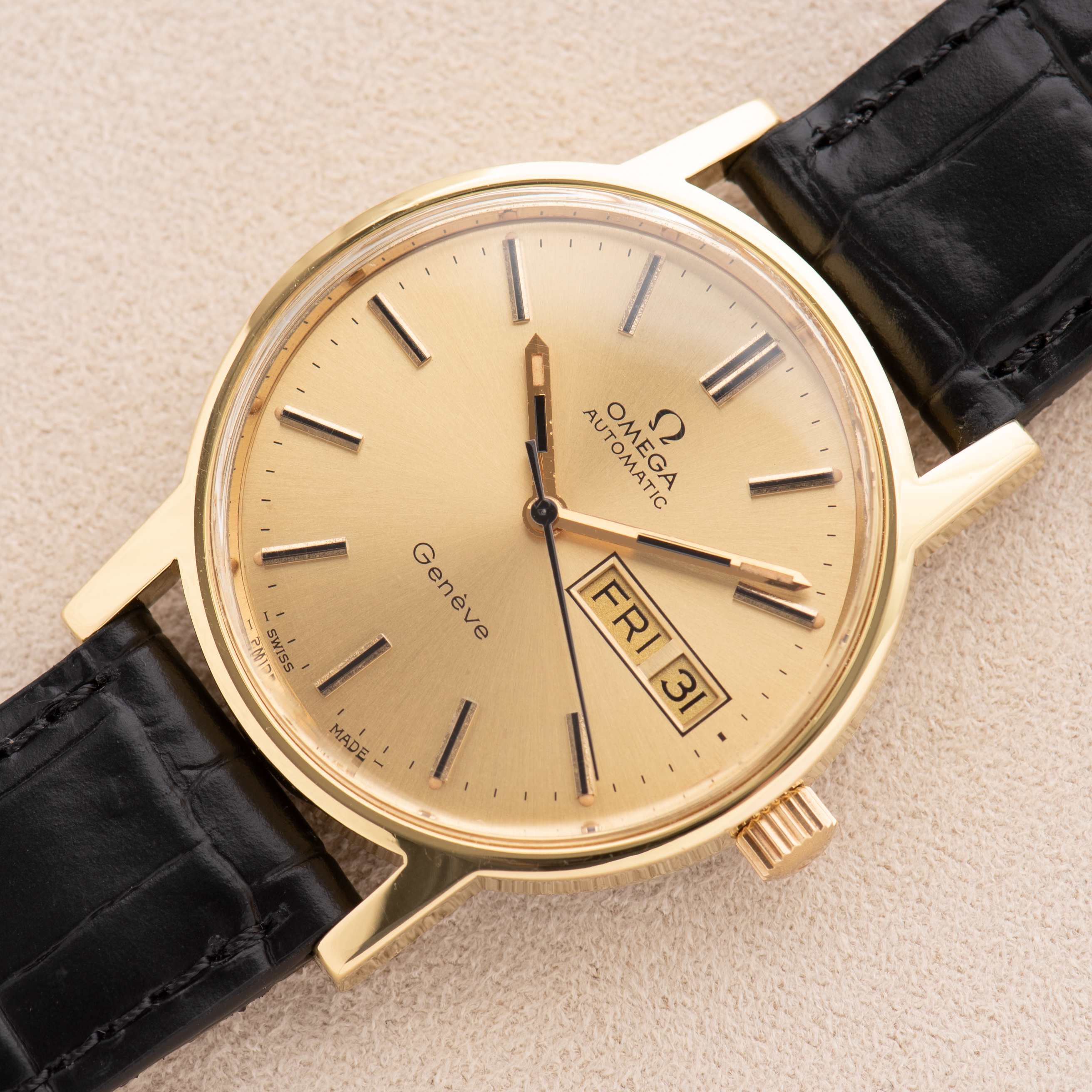 View of Omega Automatic Genève Gold Plated Day-Date From 1973 Ref 166.0117