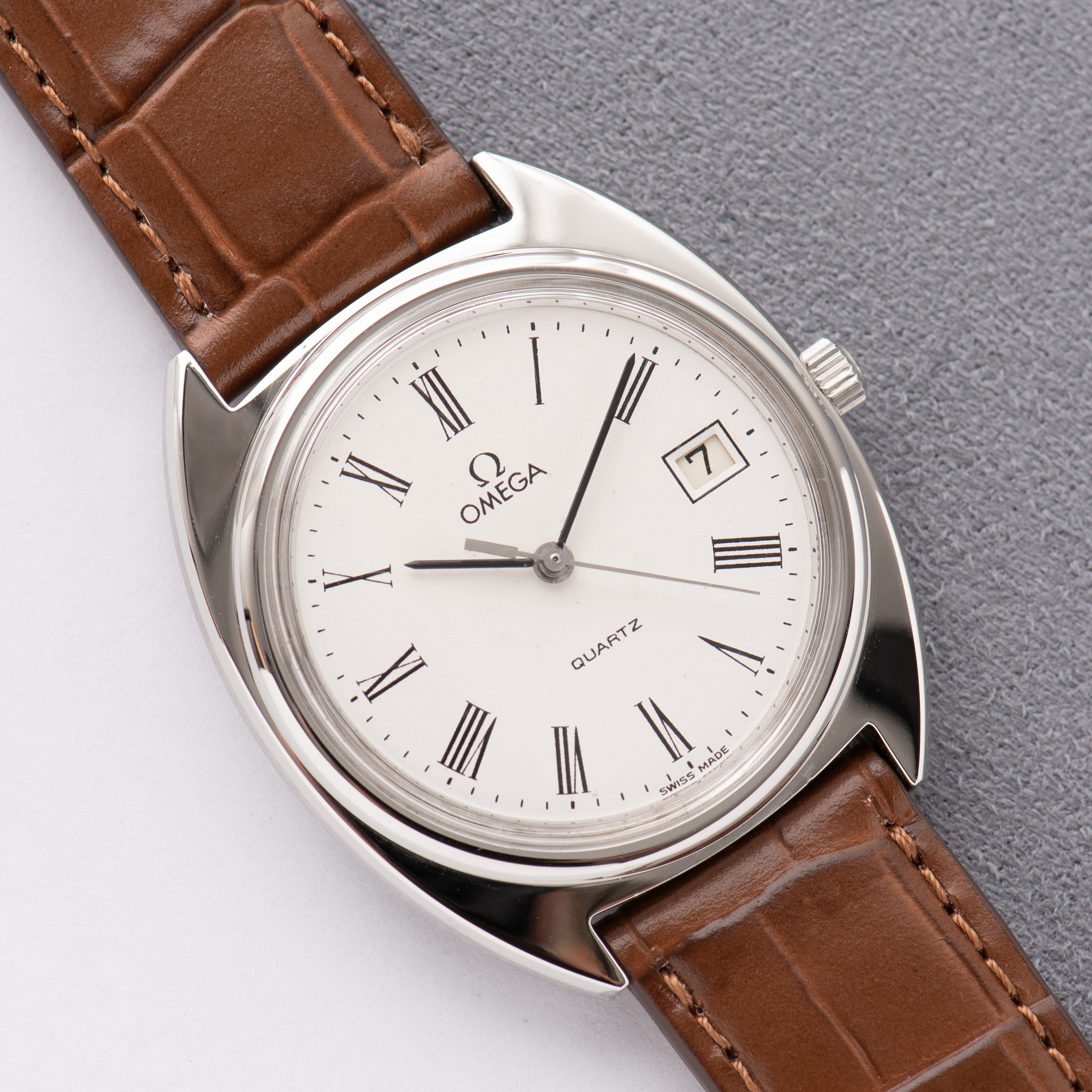 View of Omega Quartz White Roman Dial Ref 196.0121 from 1979