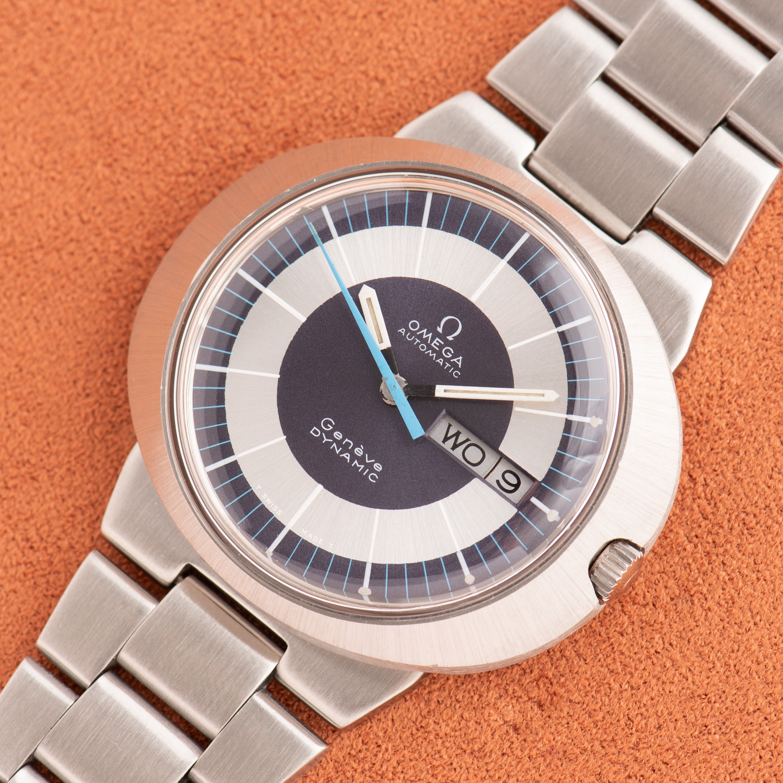 View of Omega Geneva Dynamic Automatic Day-Date Blue Dial from 1969 Ref 166.079