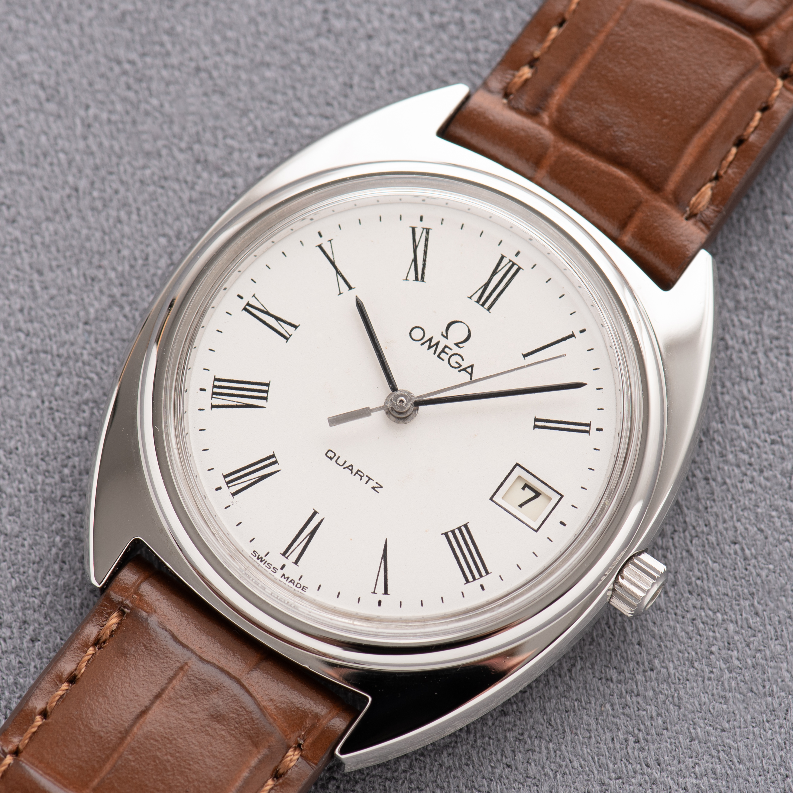 View of Omega Quartz White Roman Dial Ref 196.0121 from 1979