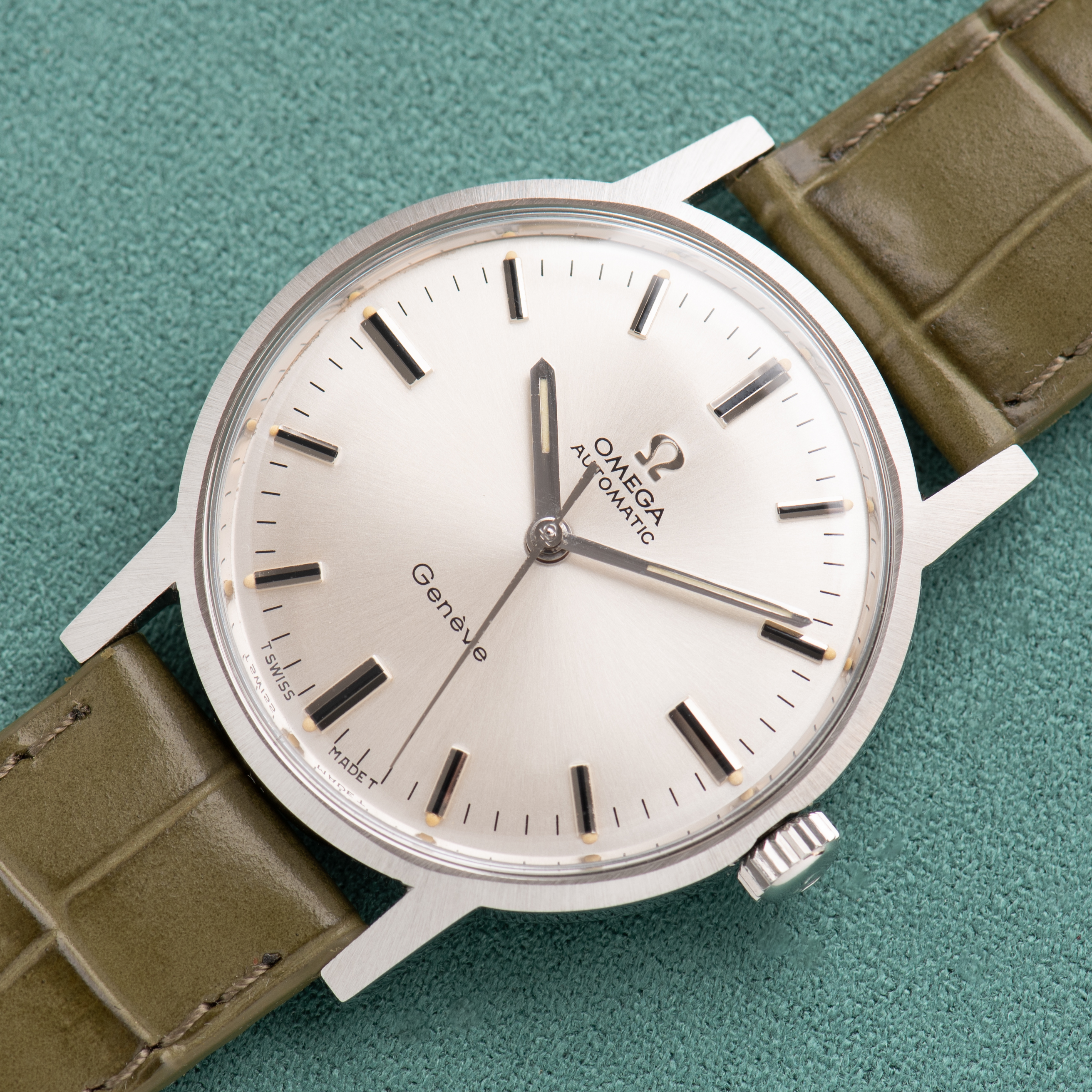 View of Omega Automatic Genève Silver Dial Ref 165.070 from 1969