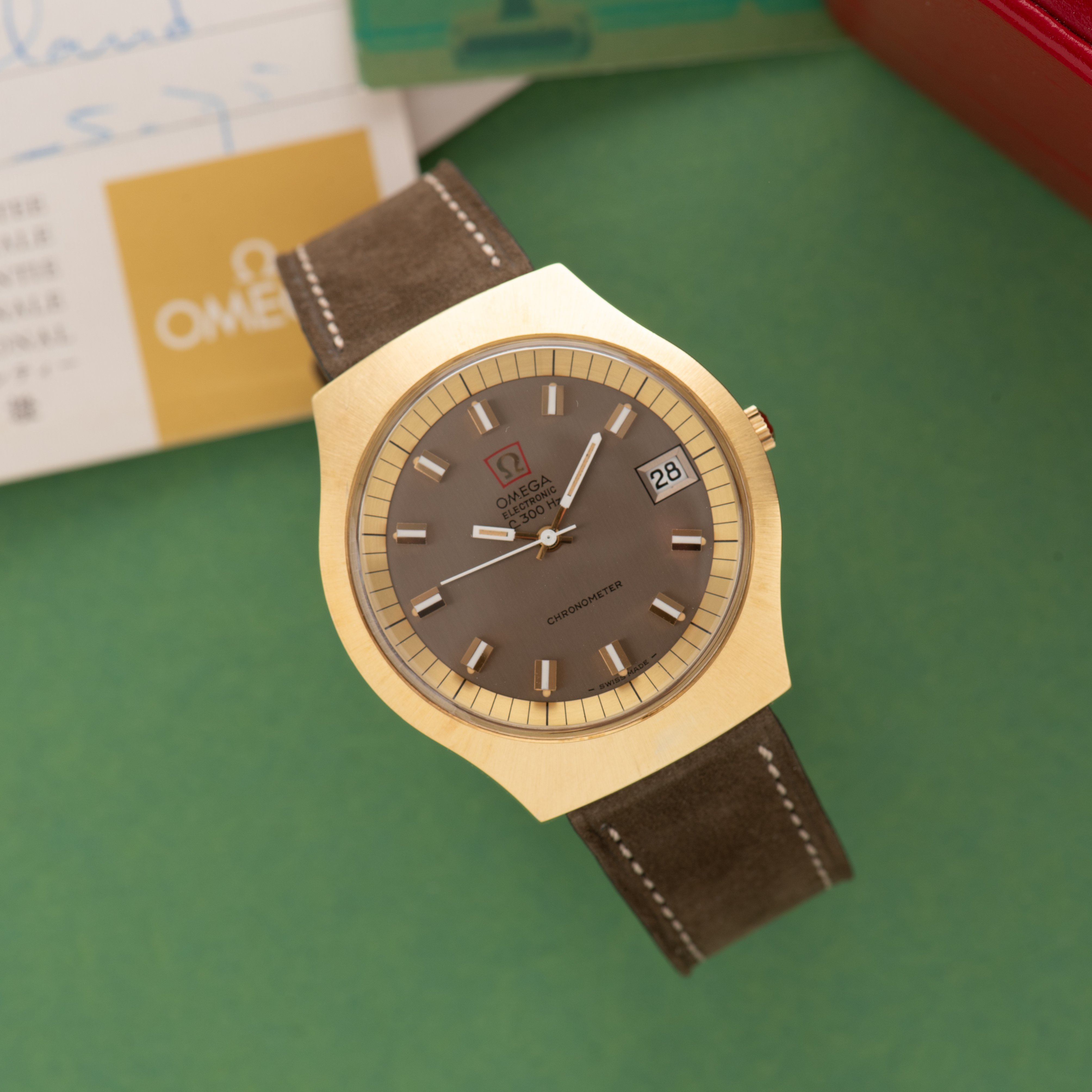 View of Omega Electronic F300 Hz Genève Chronometer Grey dial Réf 198.021 Full Set