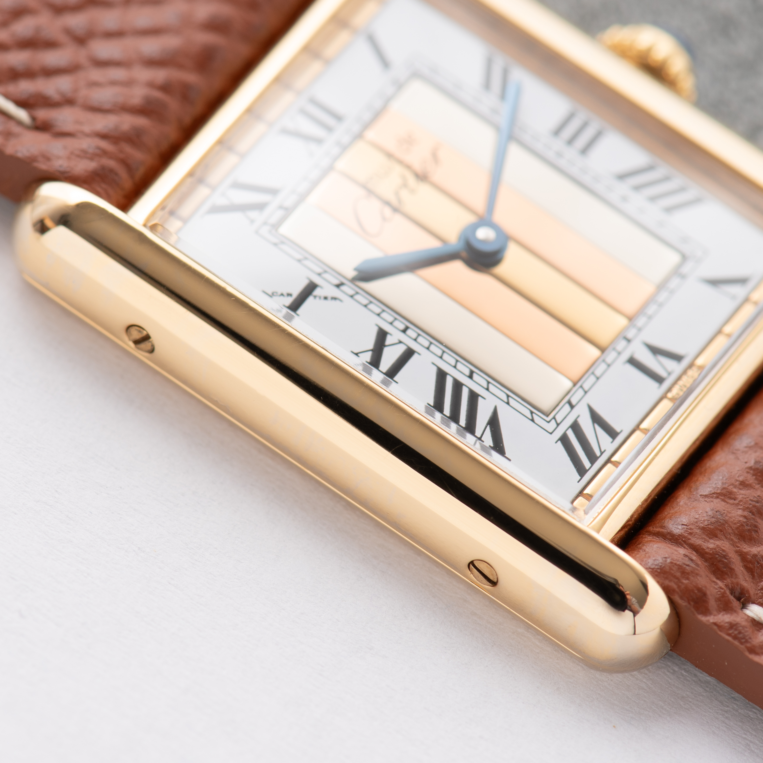 View of Cartier Tank De Must Vermeil GM Trinity dial from 1980-90