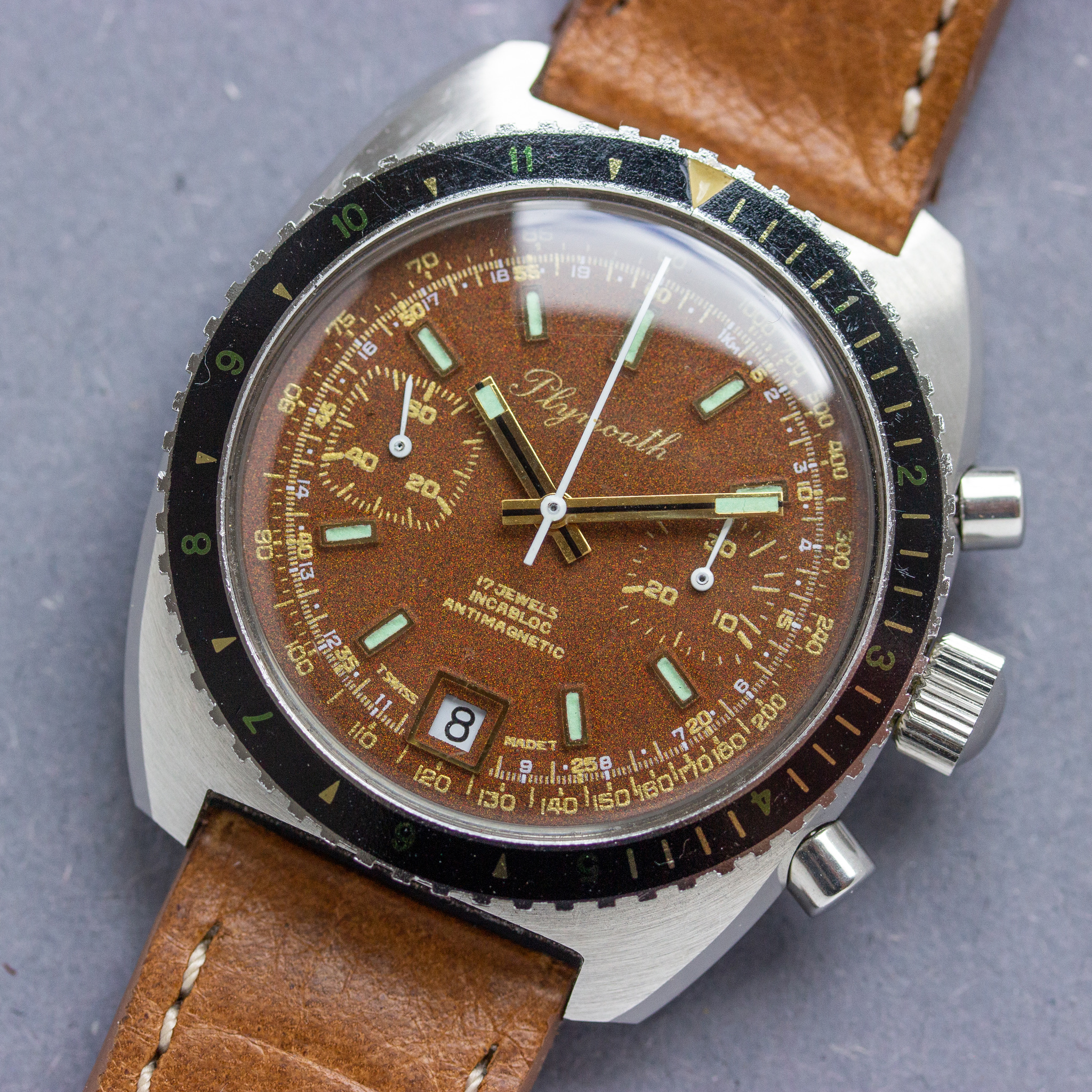 View of Plymouth Chronograph New Old Stock valjoux 7734
