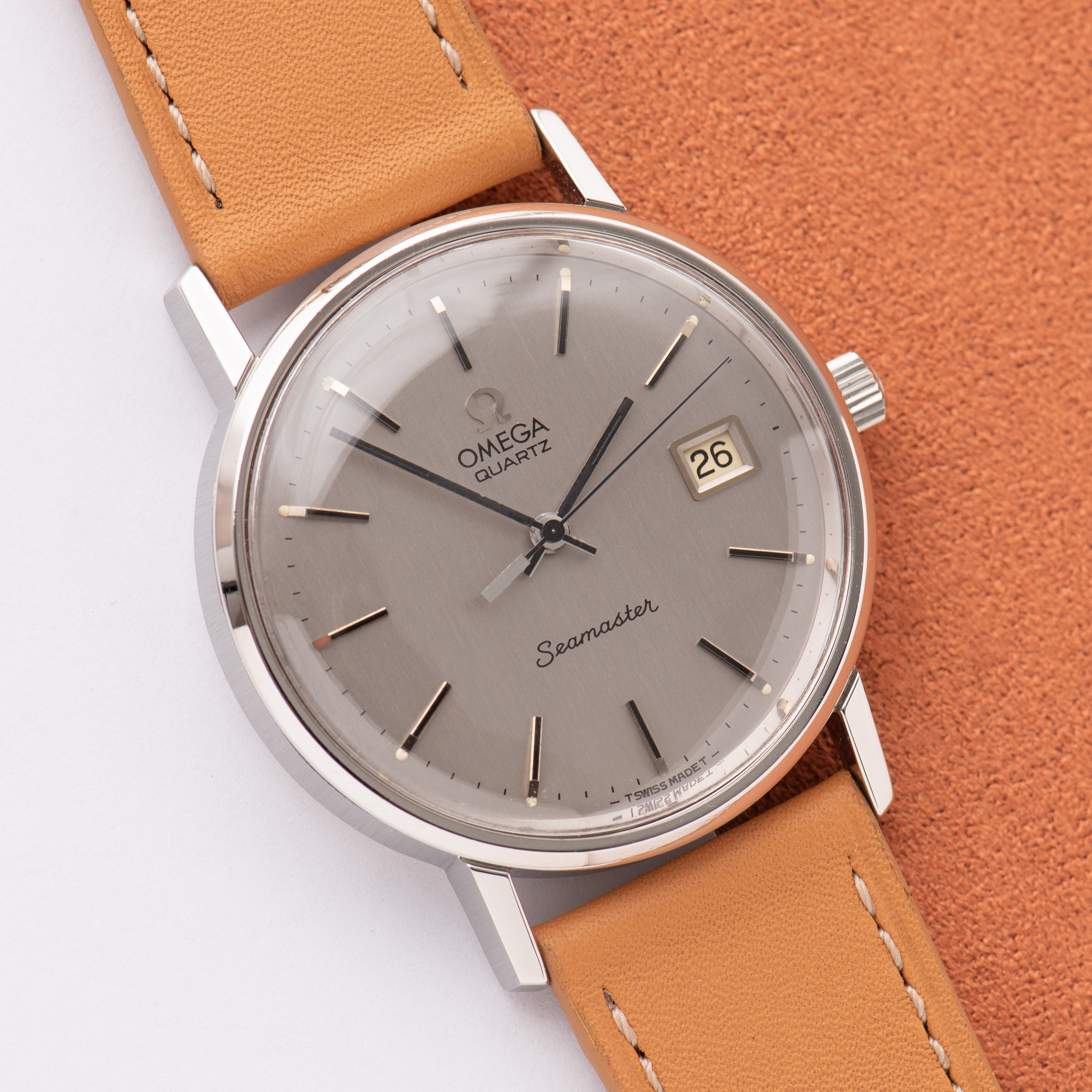 View of Omega Quartz Seamaster Date Silver Dial ref 196.0079 cal 1342 from 1977
