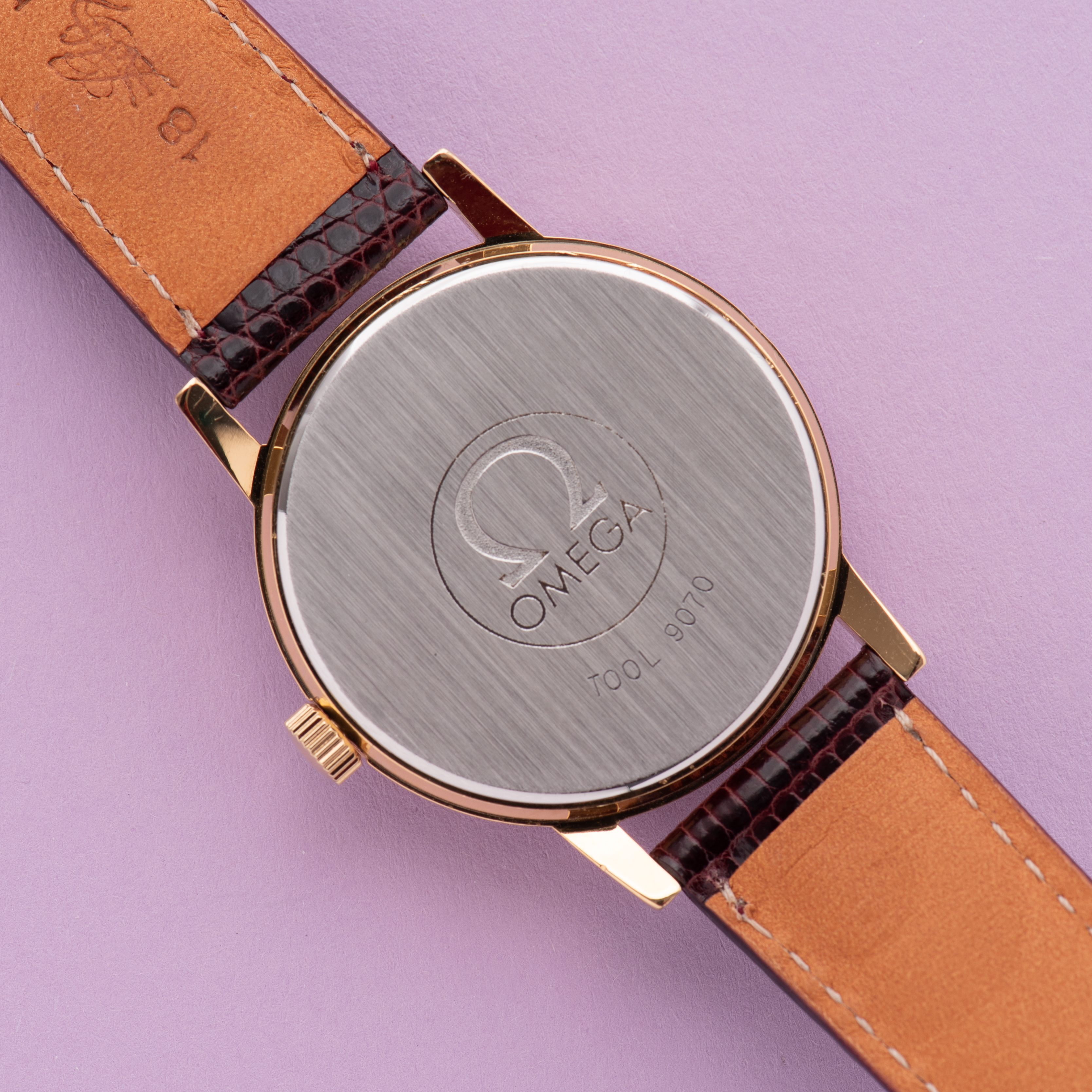 View of Omega Geneva Date Silver linen dial ref 136.0104 from 1974