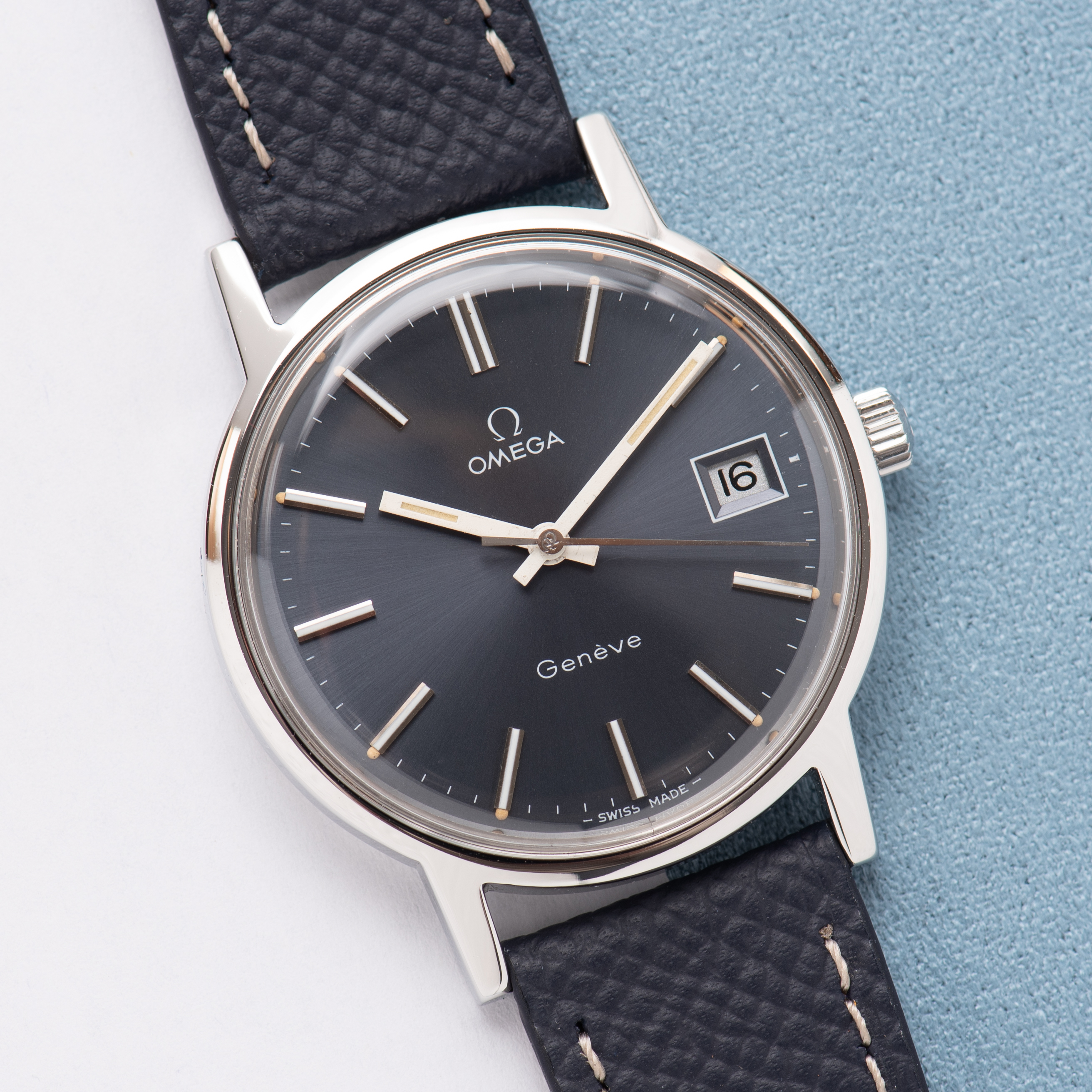 View of Omega Genève Date Blue dial réf 136.0104 from 1974