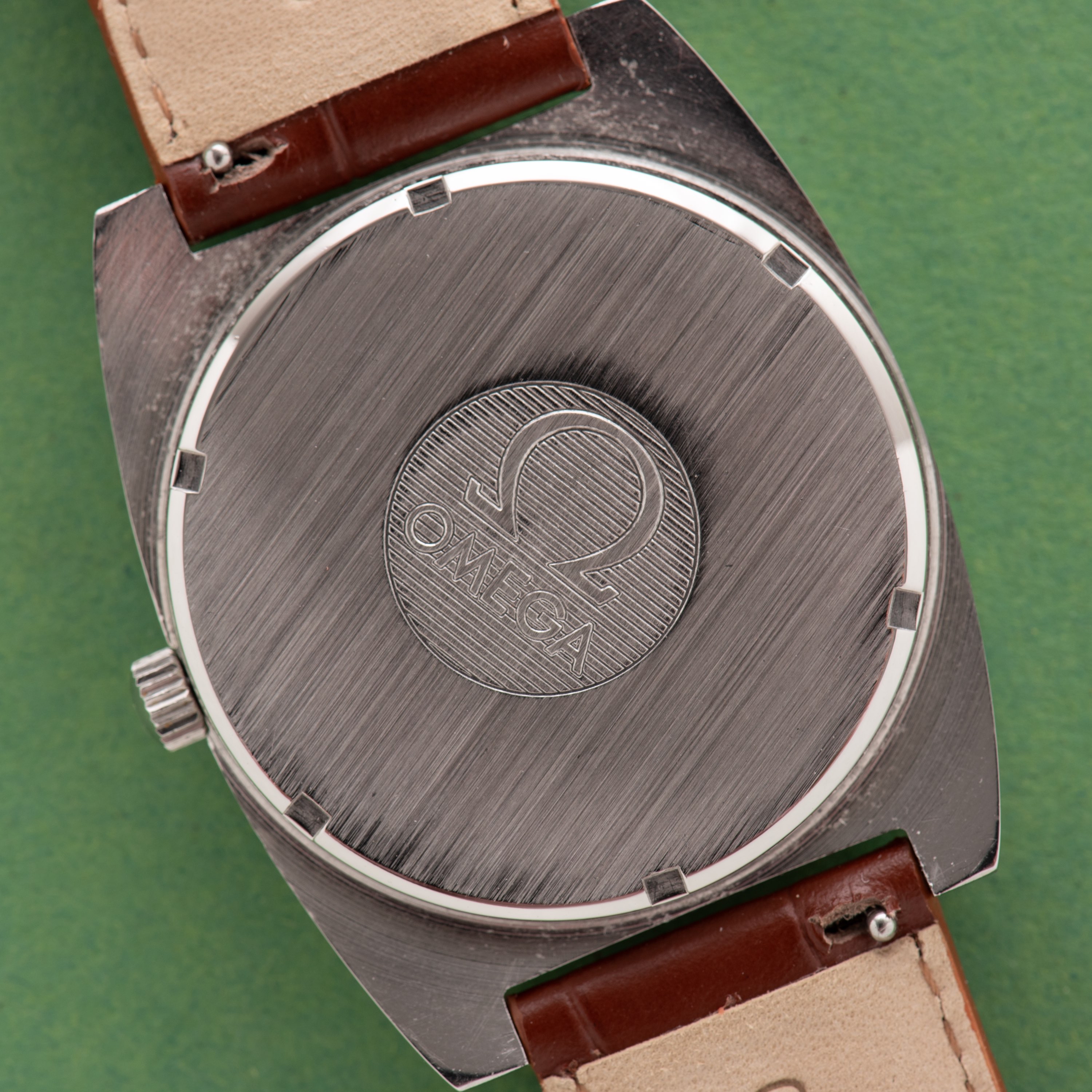 View of Omega Genève Automatic Date Square TV black dial ref 166.0190 from 1973