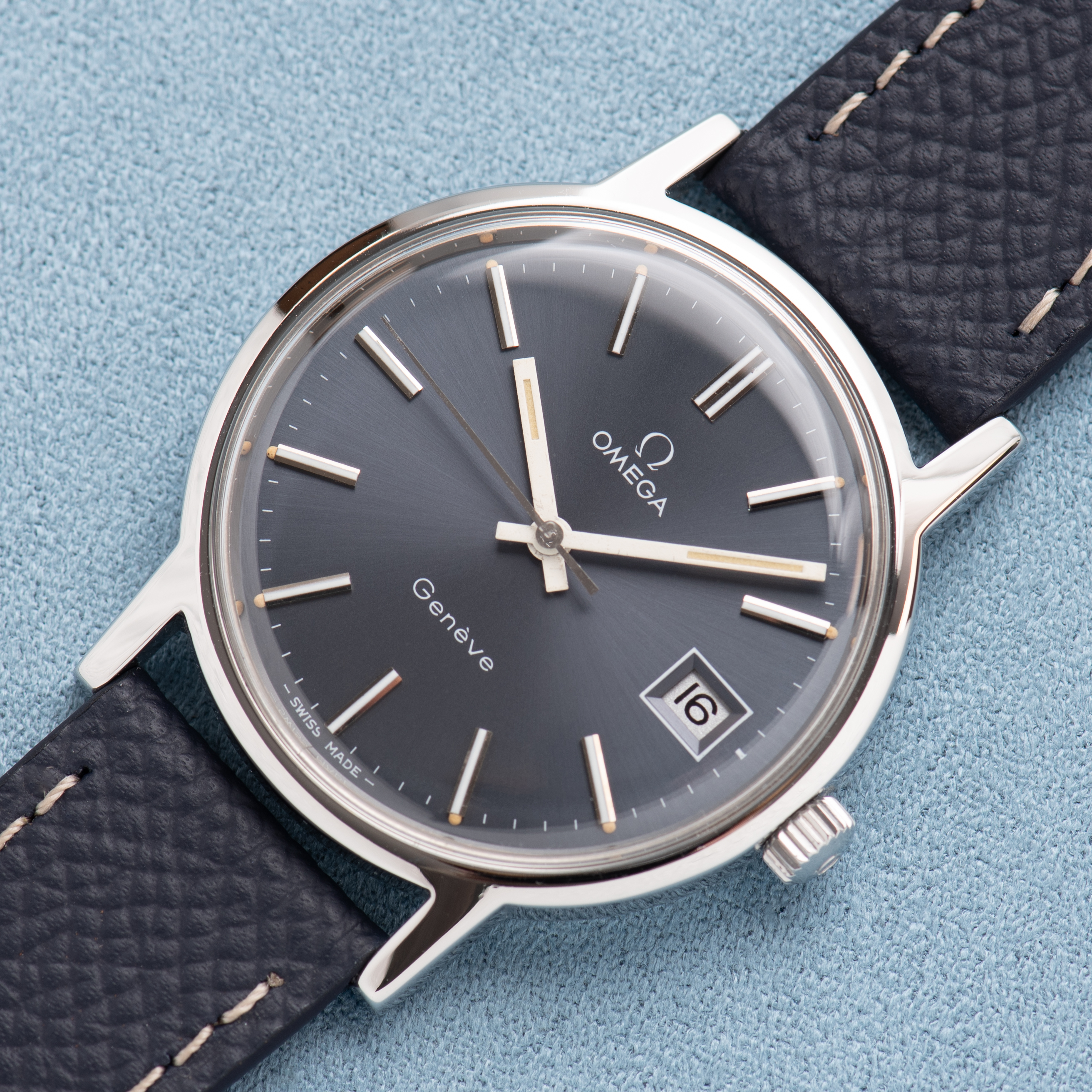 View of Omega Genève Date Blue dial réf 136.0104 from 1974