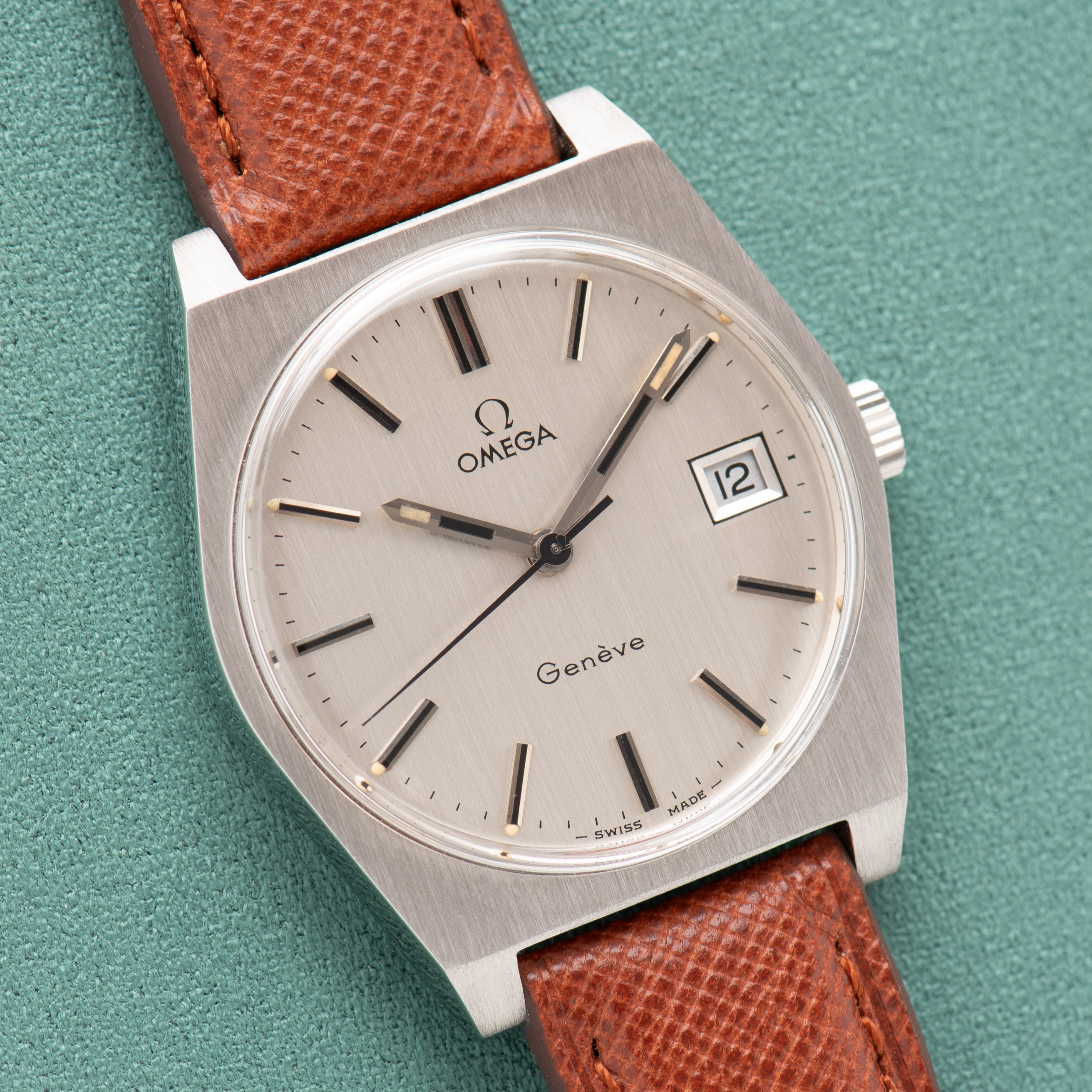 View of Omega Geneva Date Silver Dial Ref 136.0049 from 1969