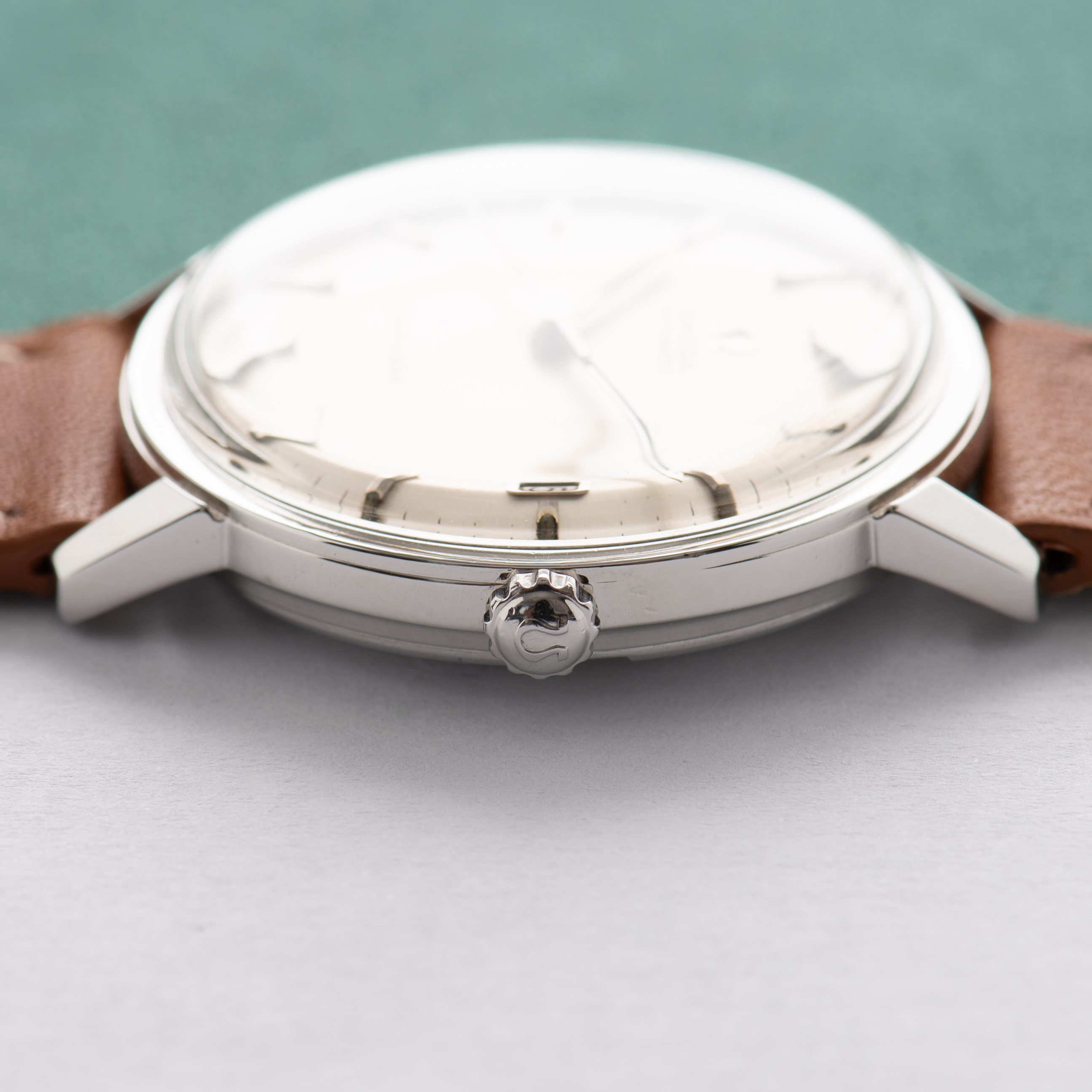 View of Omega Seamaster Automatic Date Silver Dial Ref 166.002 from 1964