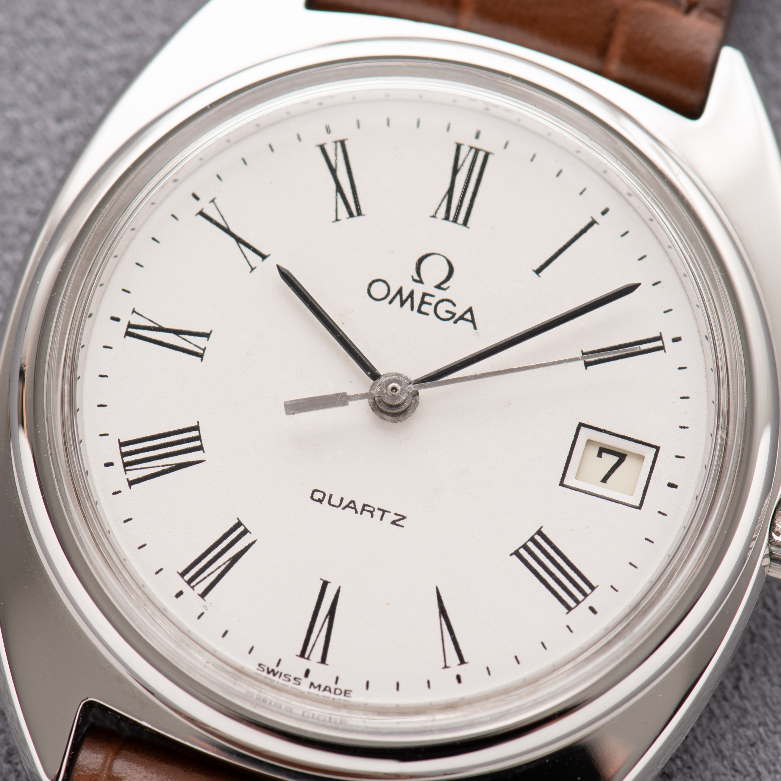 View of Omega Quartz White Roman Dial Ref 196.0121 from 1979