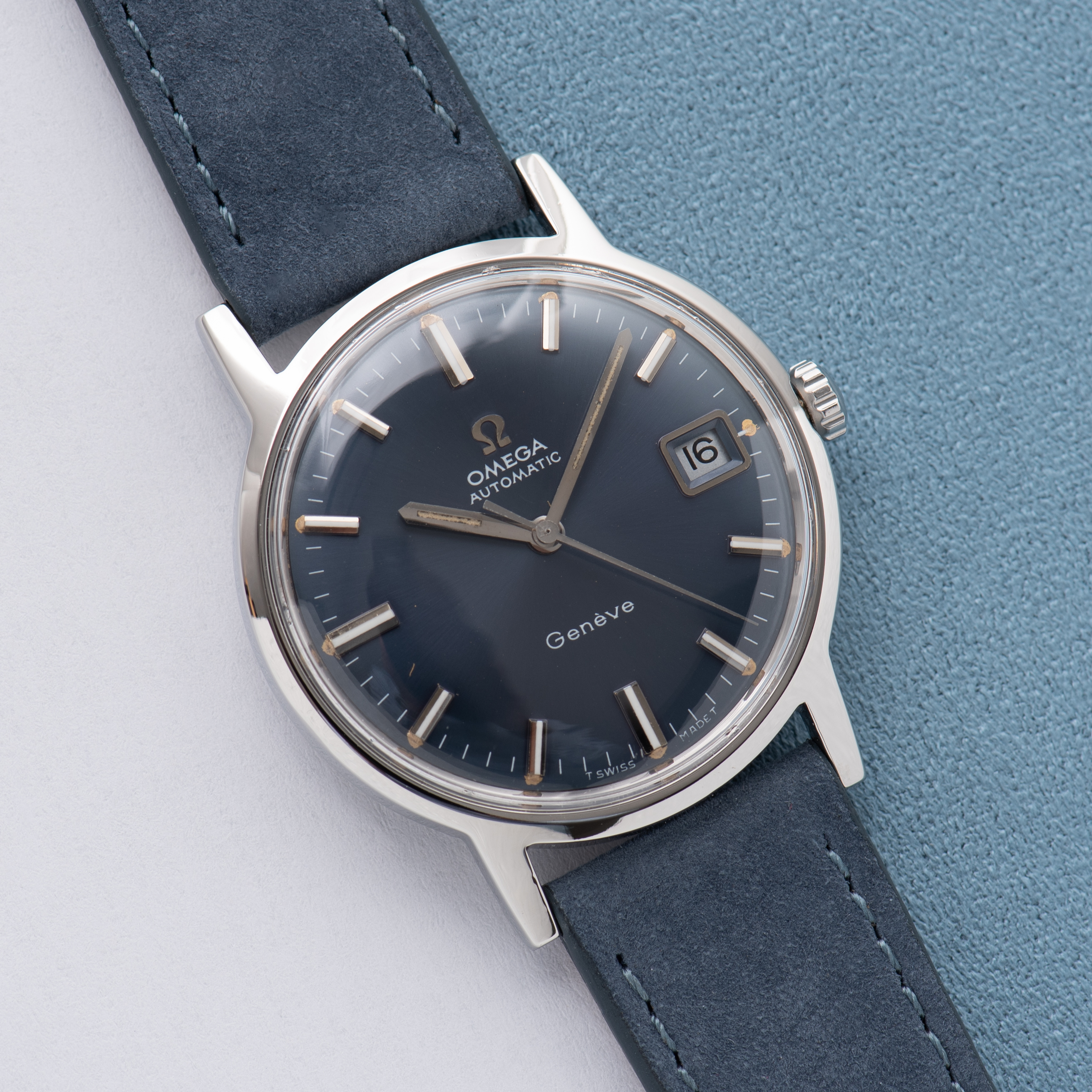 View of Omega Automatic Geneva Date Blue Dial Ref 166.070 from 1969