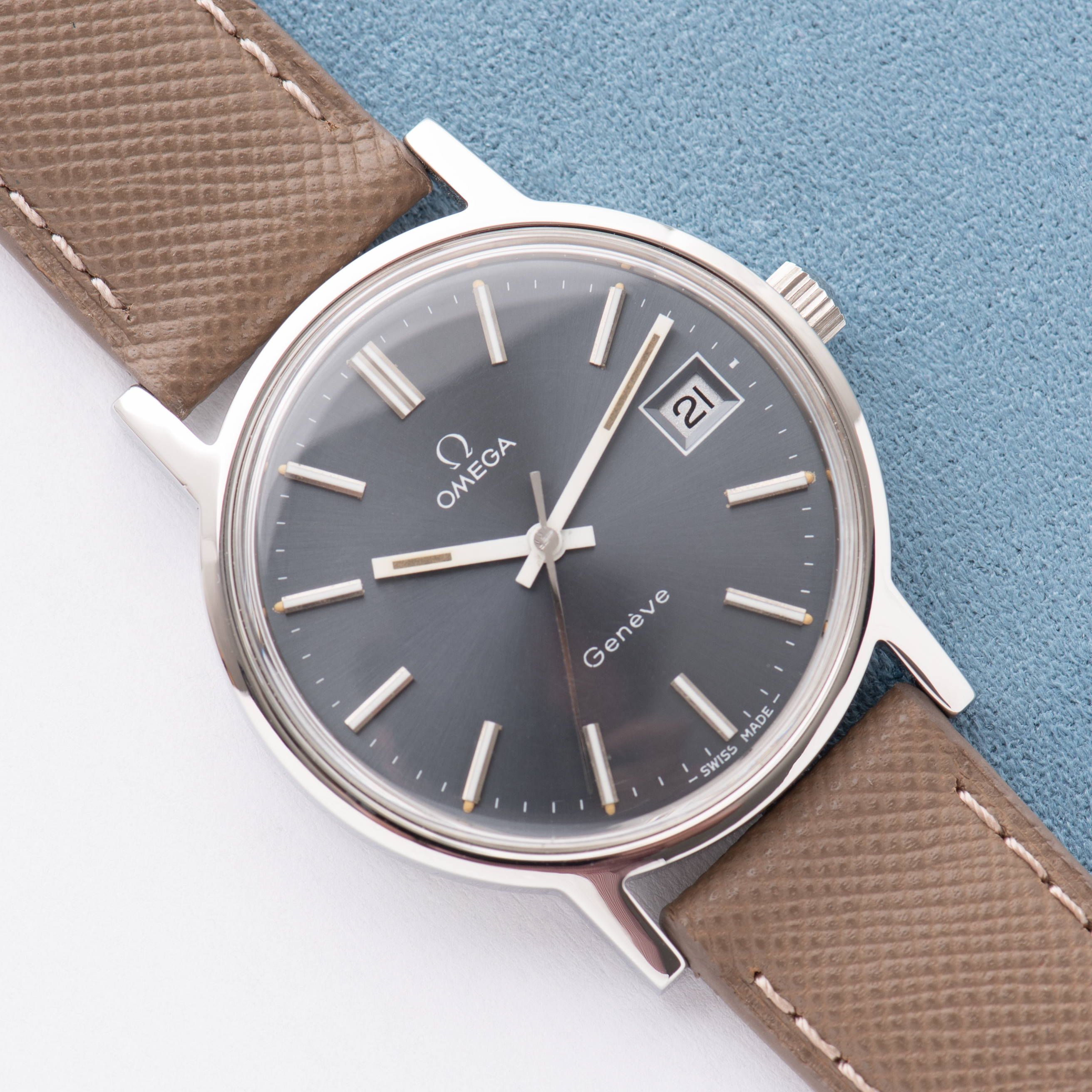 View of Omega Geneva Date Blue/Grey dial Ref 136.0099 from 1972