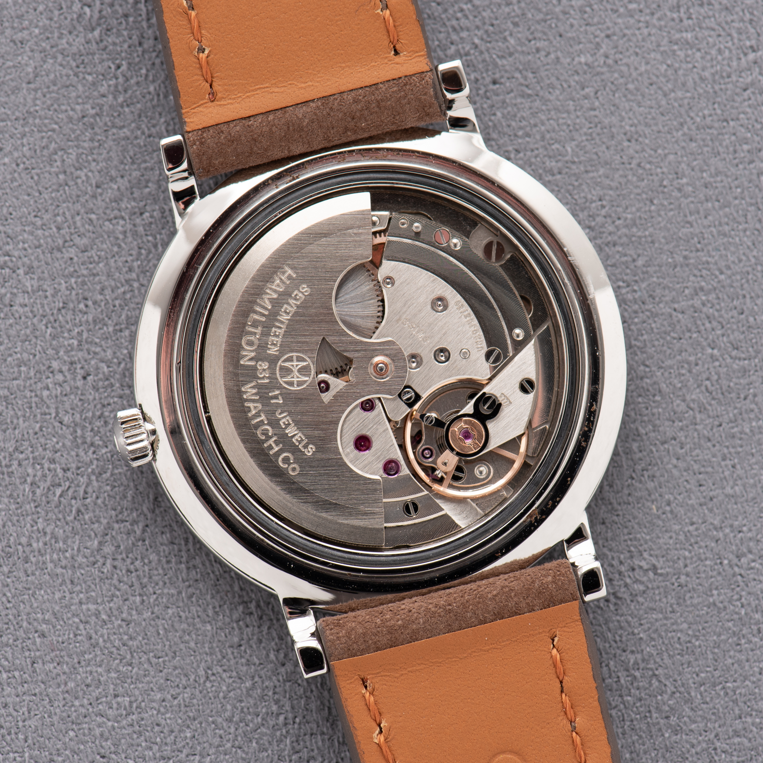 View of Hamilton PROTOTYPE Omega Automatic White Roman Dial Extraplate Cal 831