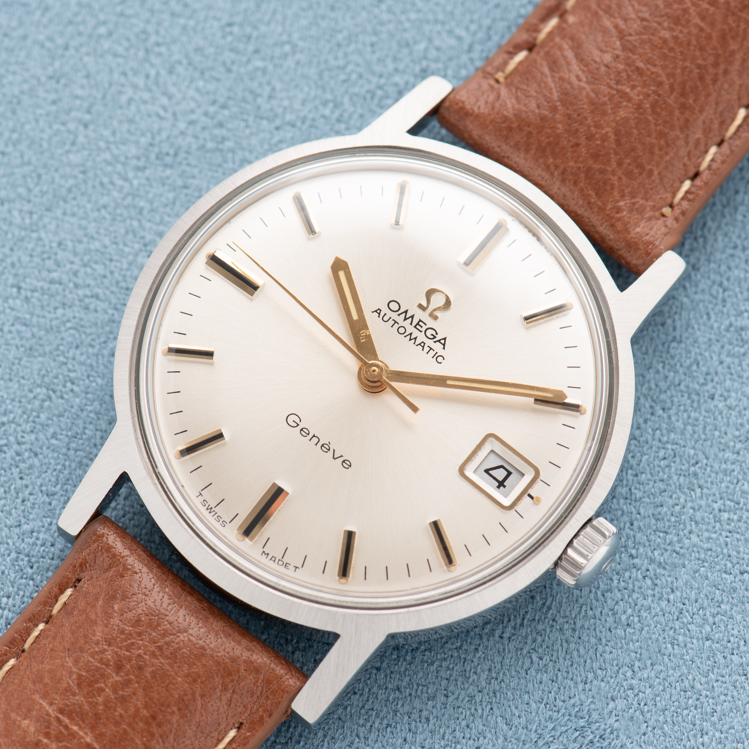 View of Omega Automatic Geneva Date Silver Dial Ref 166.070 from 1969