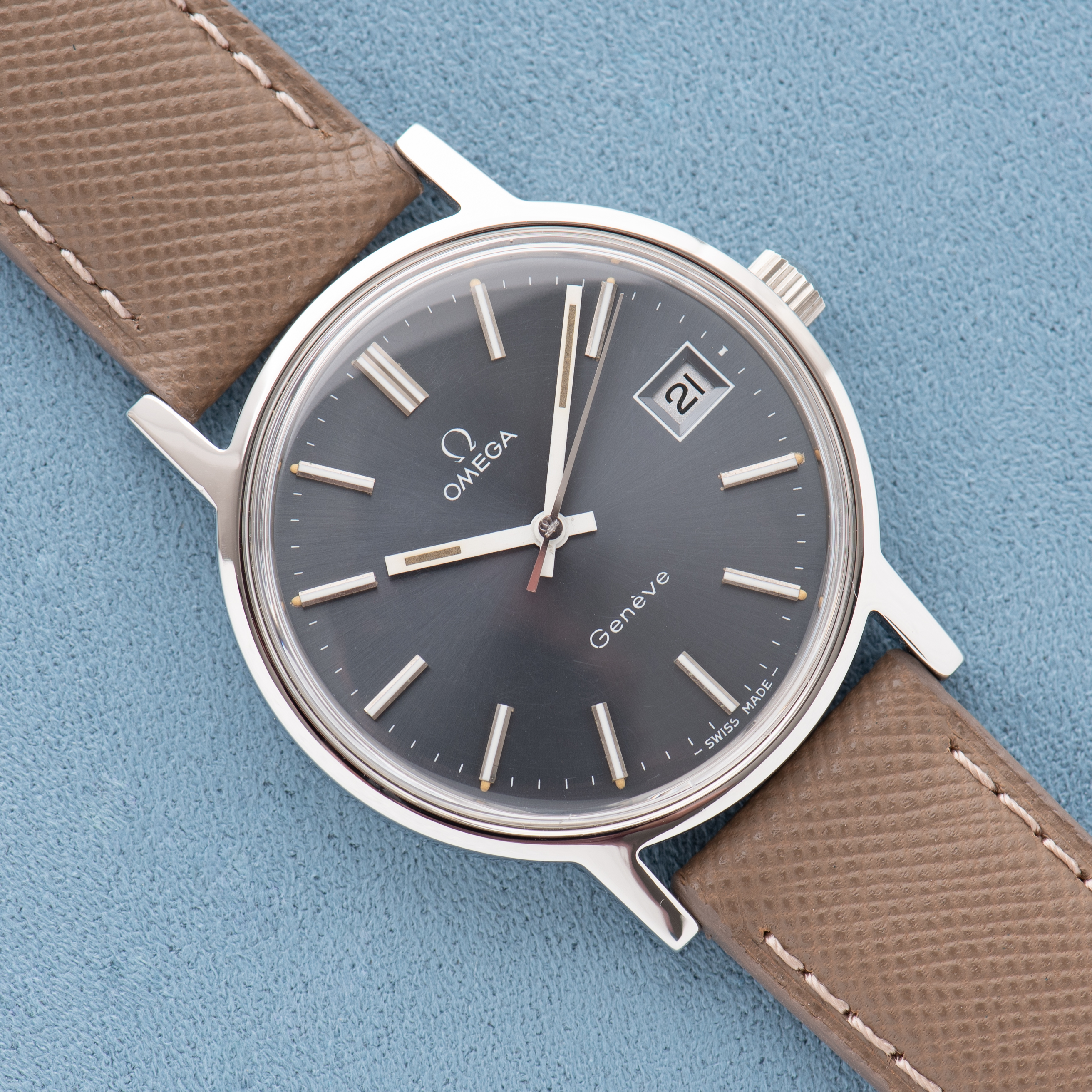 View of Omega Geneva Date Blue/Grey dial Ref 136.0099 from 1972