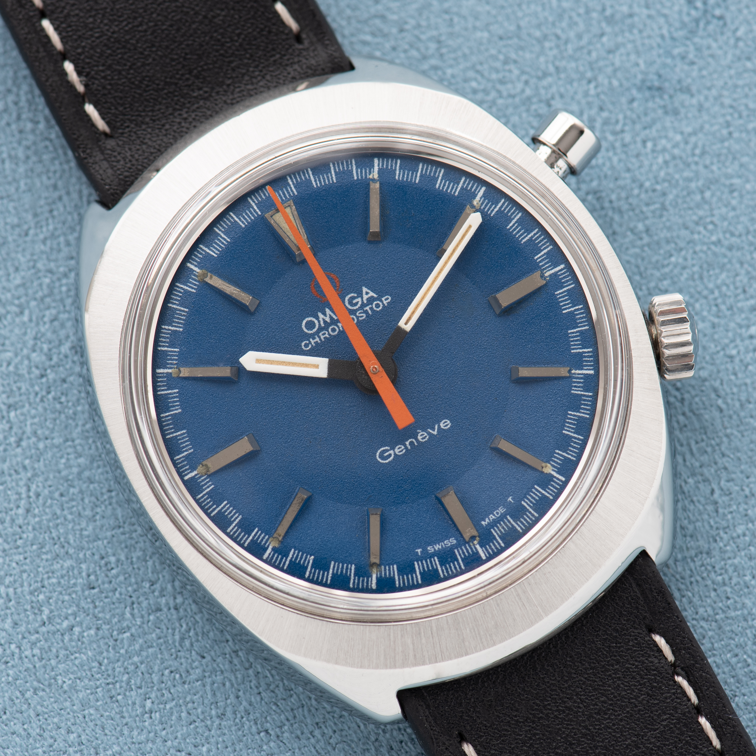 View of Omega Geneva Chronostop Blue Dial Ref 145.009 from 1968 Cal 865