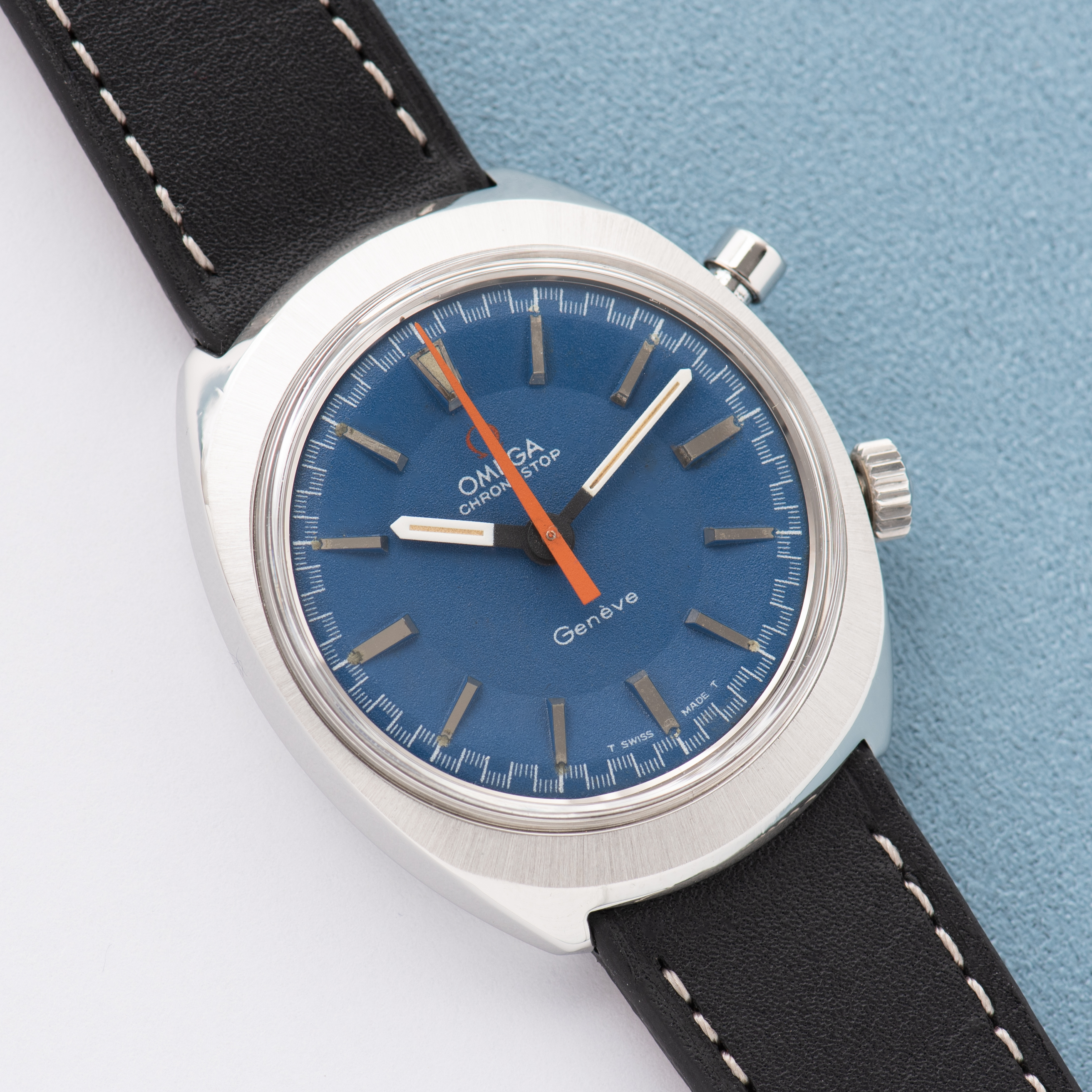 View of Omega Geneva Chronostop Blue Dial Ref 145.009 from 1968 Cal 865