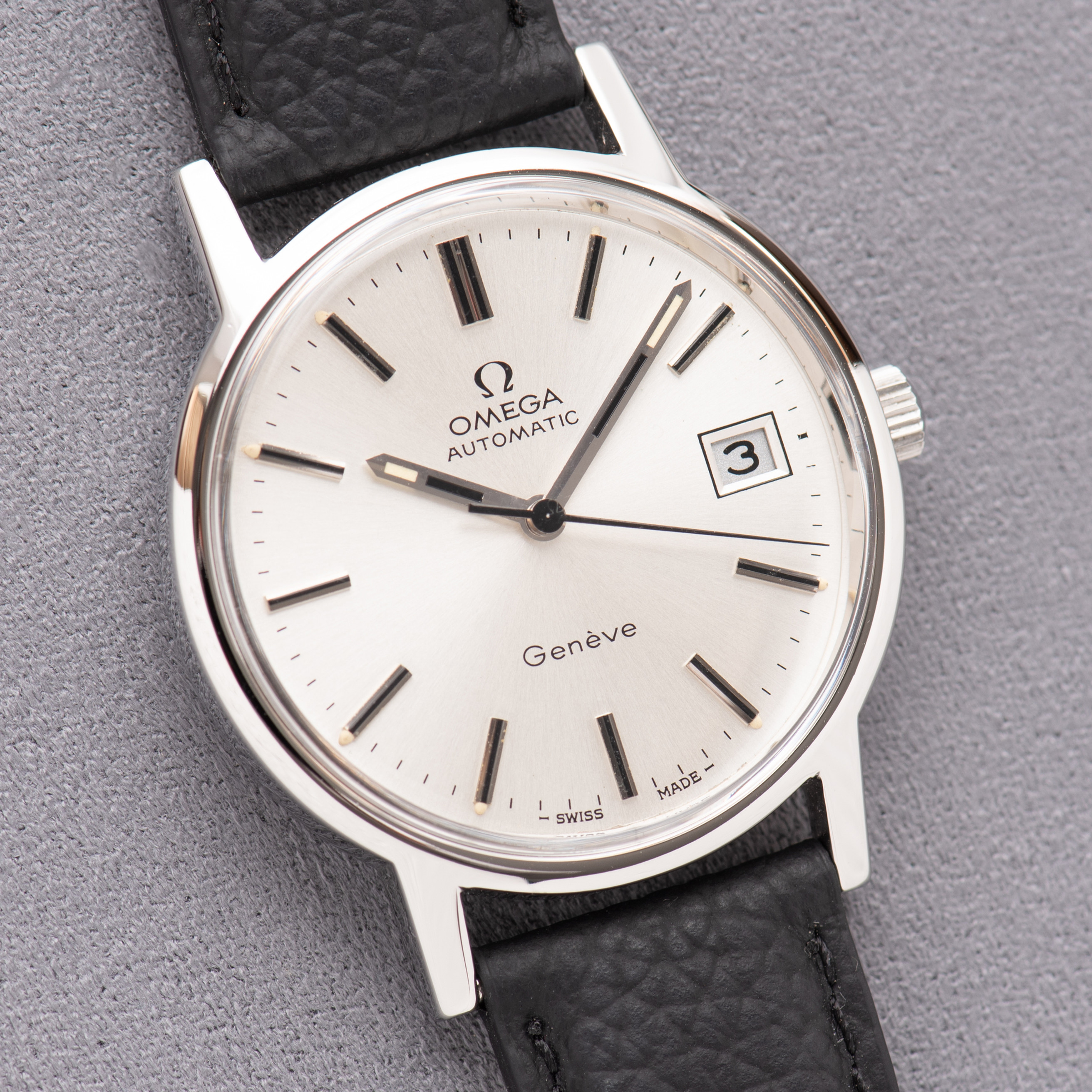 View of Omega Geneva Silver Dial Automatic Date — Ref. 166.0163 — 1973