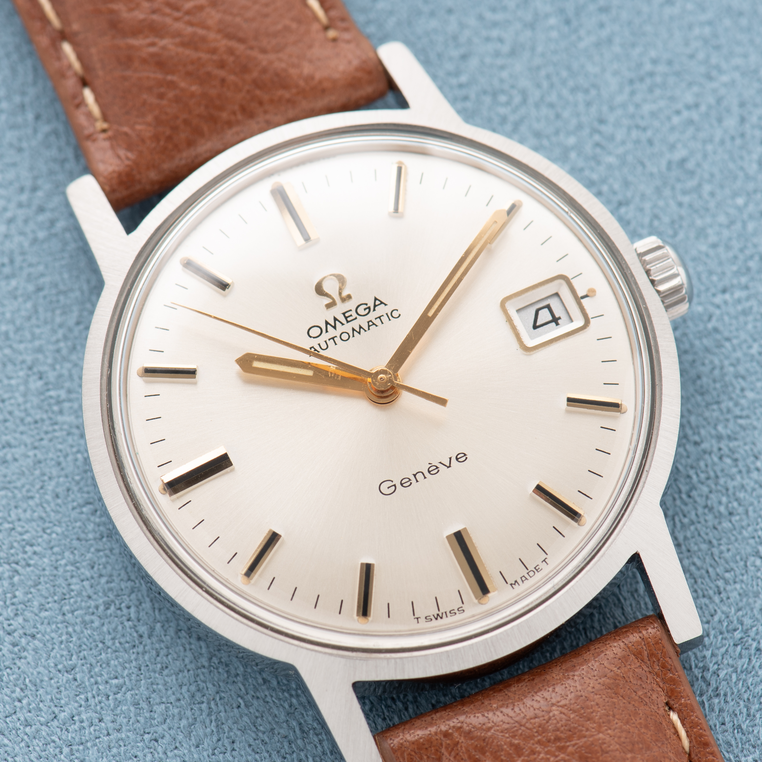 View of Omega Automatic Geneva Date Silver Dial Ref 166.070 from 1969